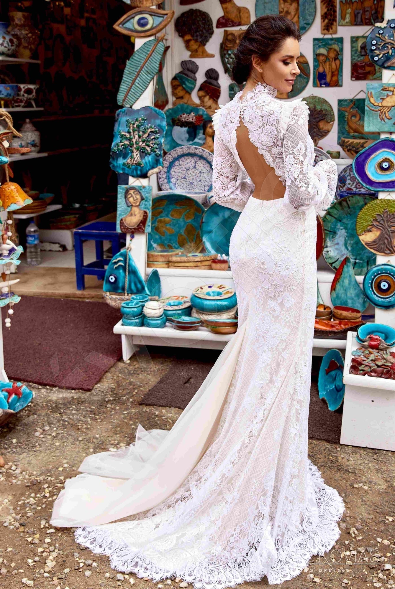 knee length dresses for ladies Long Sleeve High-Neck Mermaid Lace Wedding Dress with Open Back – HAREM's  Brides main image 0