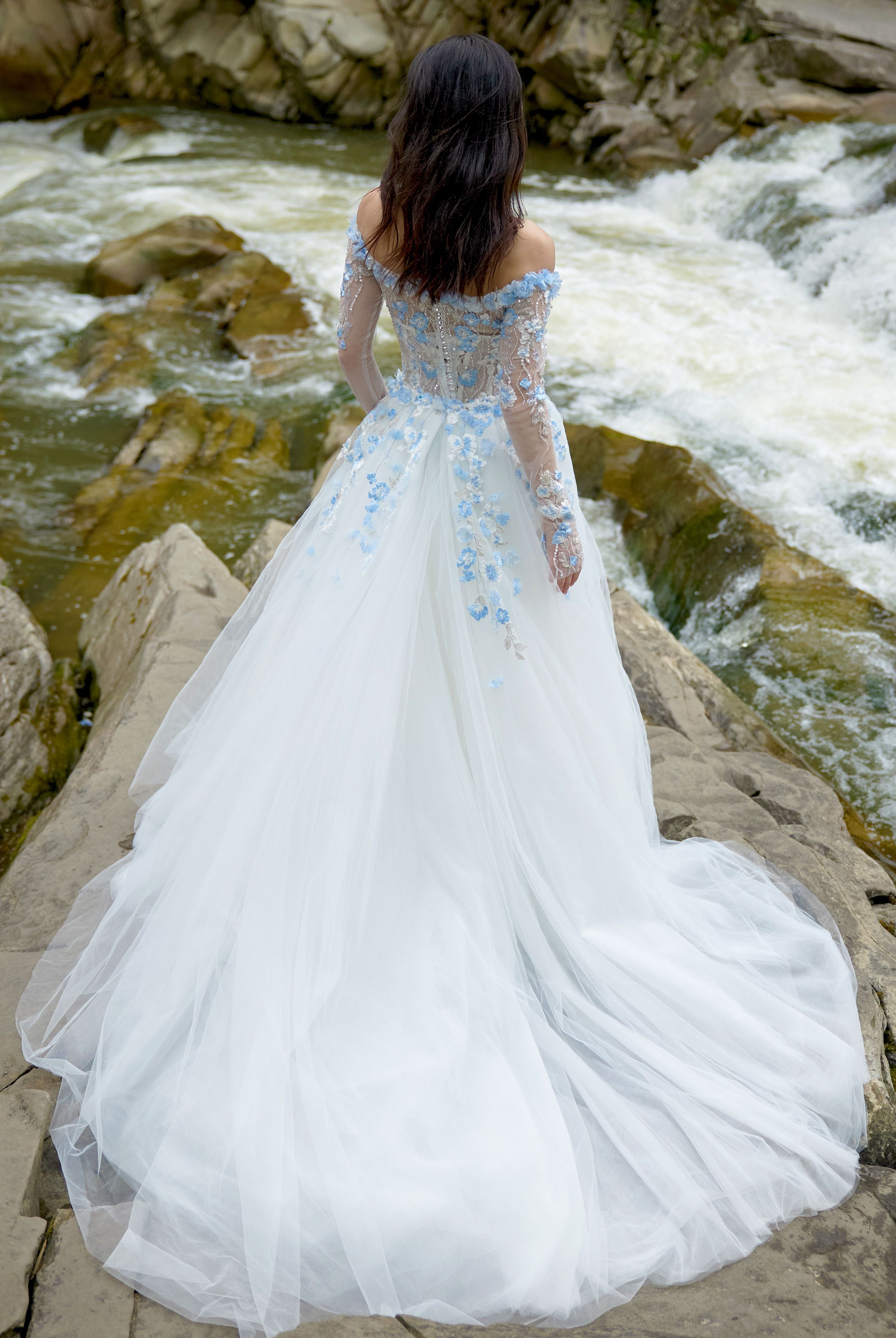 Albine Mermaid Off-shoulder Wedding Dress in Milk/Light Blue