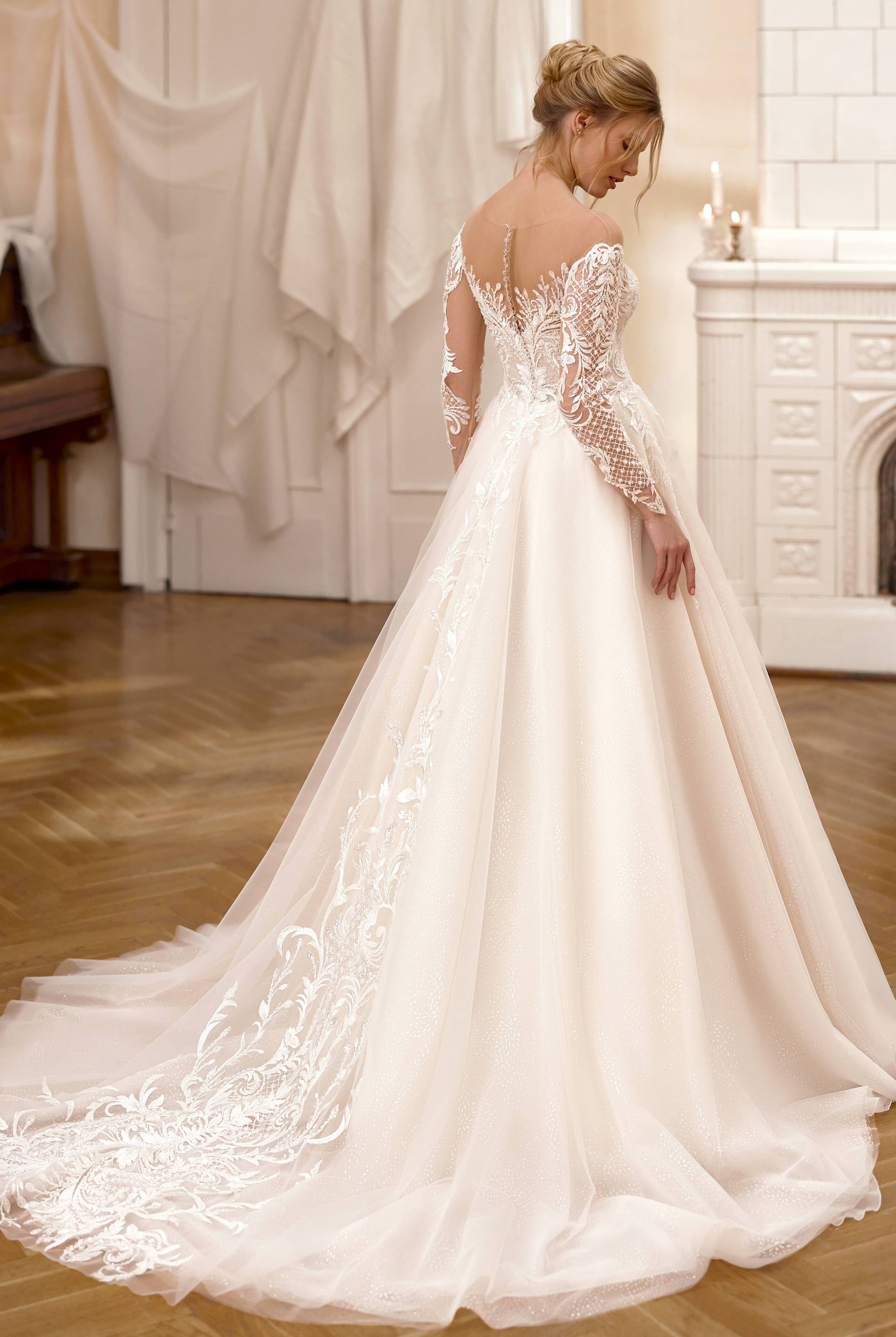 alina formal illusion lace a-line dress Alessandrina Wedding in Milk/Nude Color:Dive Blue