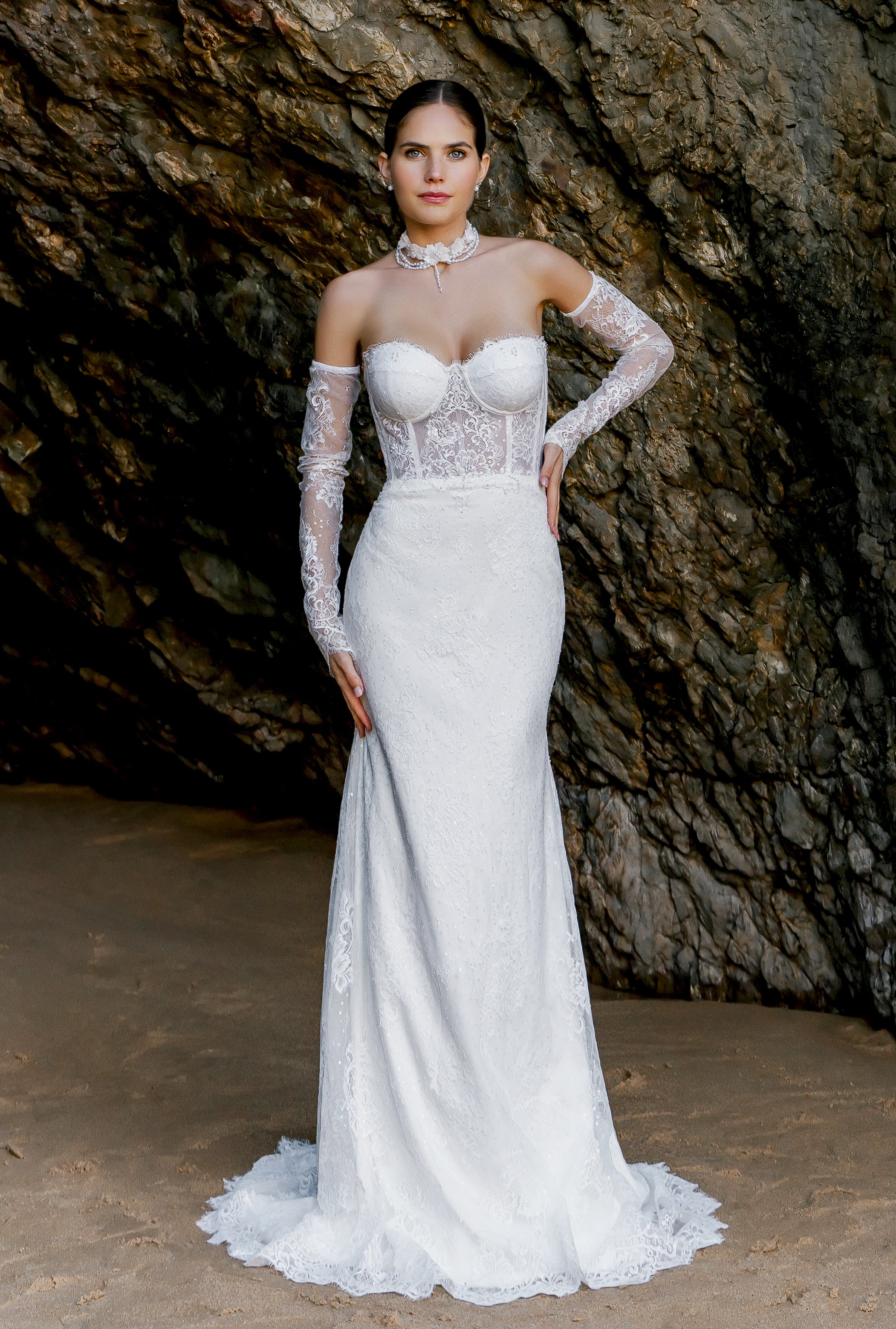 knee length dresses for ladies Two Piece A-Line Long Lace Tulle Wedding Dress with Sleeves