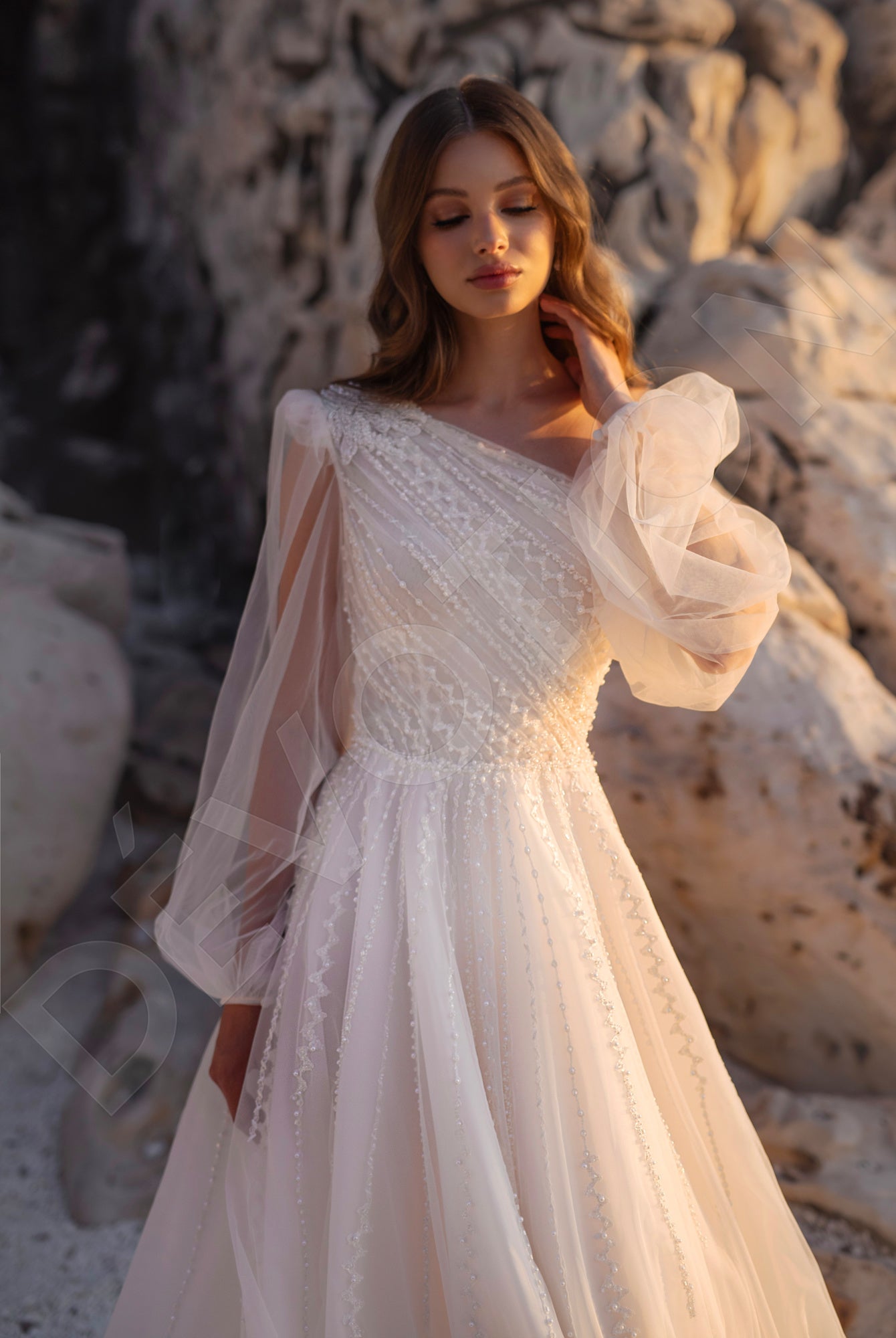 layered tulle one shoulder a line wedding dress Aurora A-line in Ivory Category - The Classic Collection