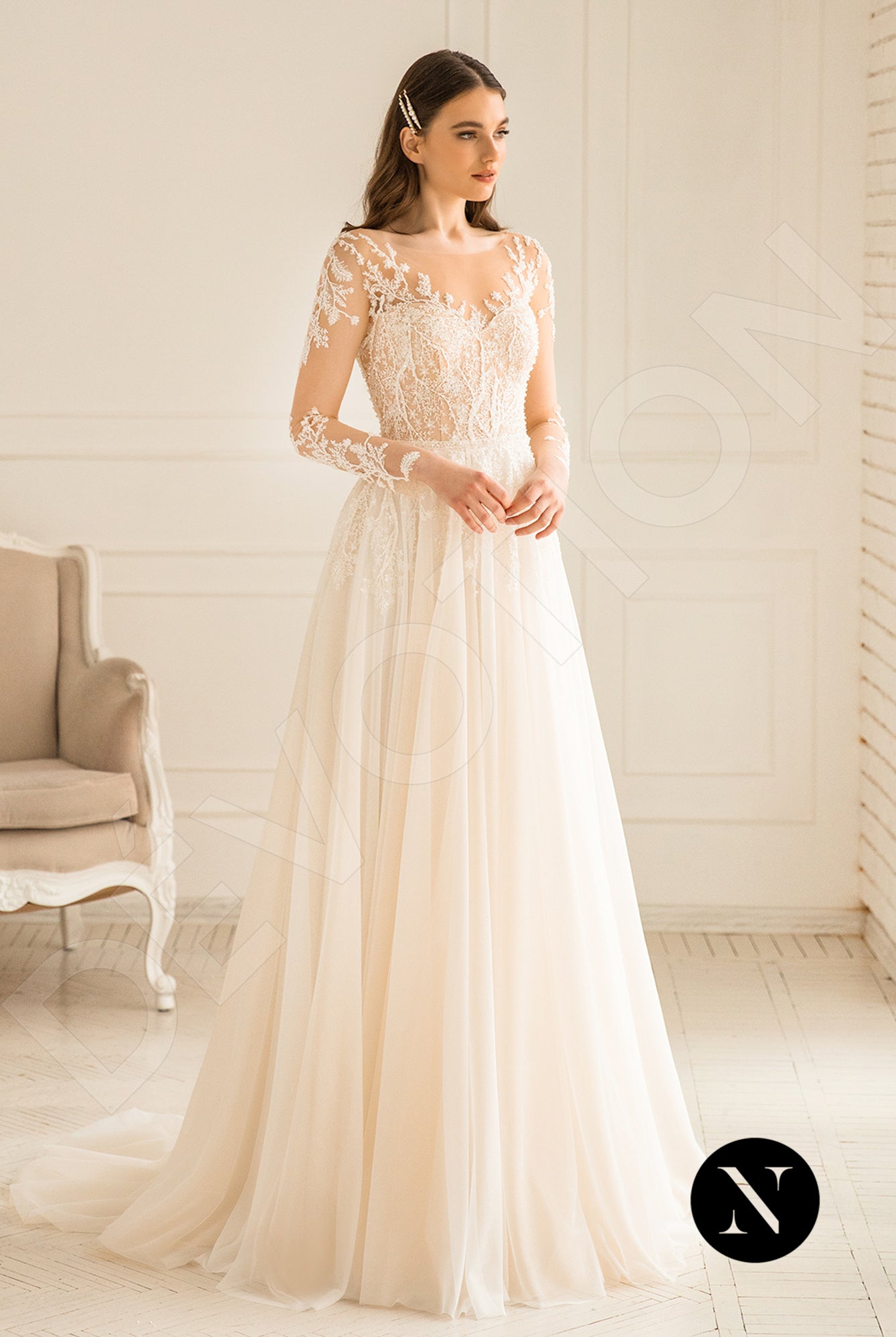 mesh sleeve wedding dress With Removable Puff Sleeves Vestidos De Novia TANYA BRIDAL neckline and soft cup inserts Glamrae Elegant White Romantic Lace