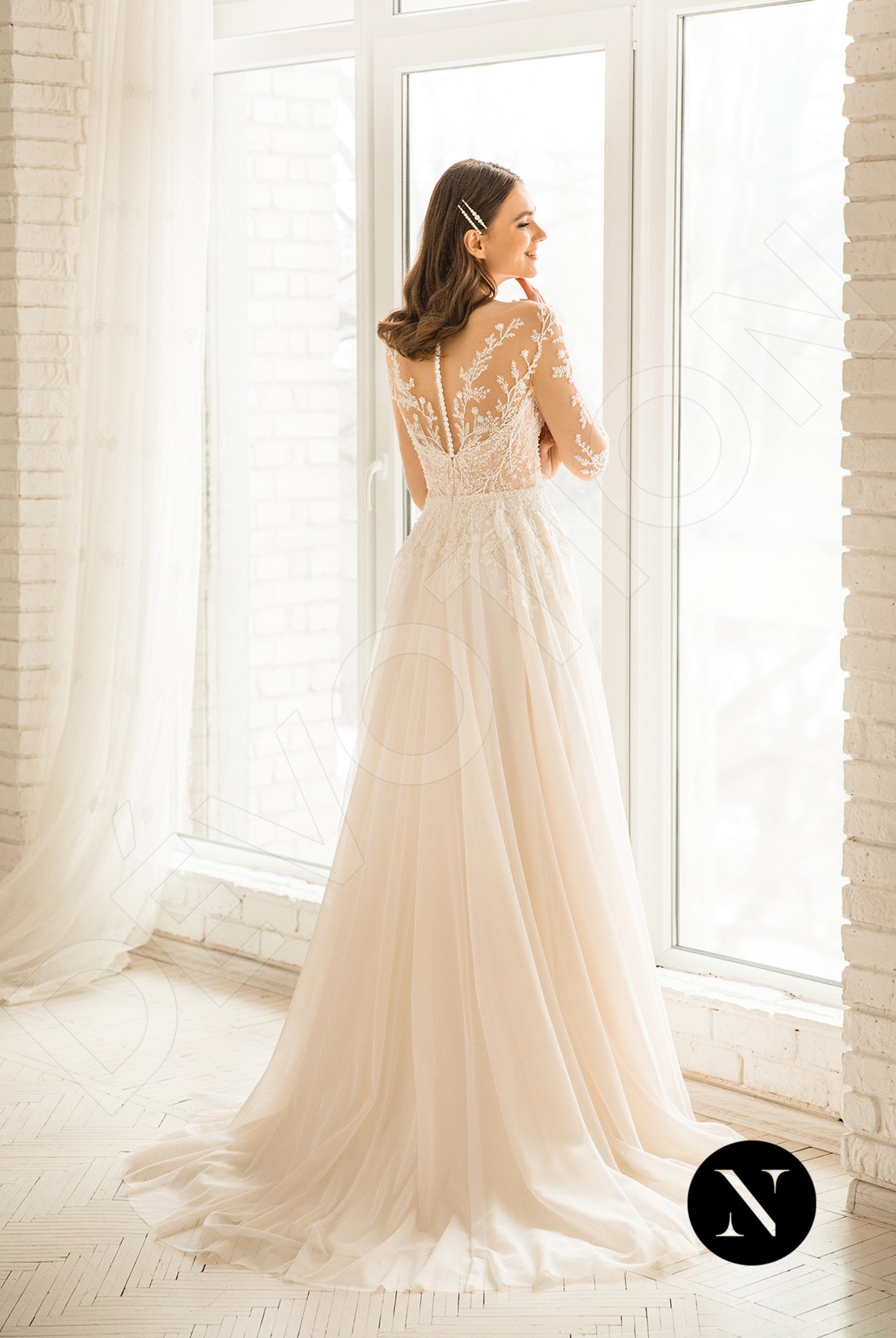 long sleeve champagne wedding dress Sleeves Gown in Custom fit Romantic Flower Lace Long Sleeves