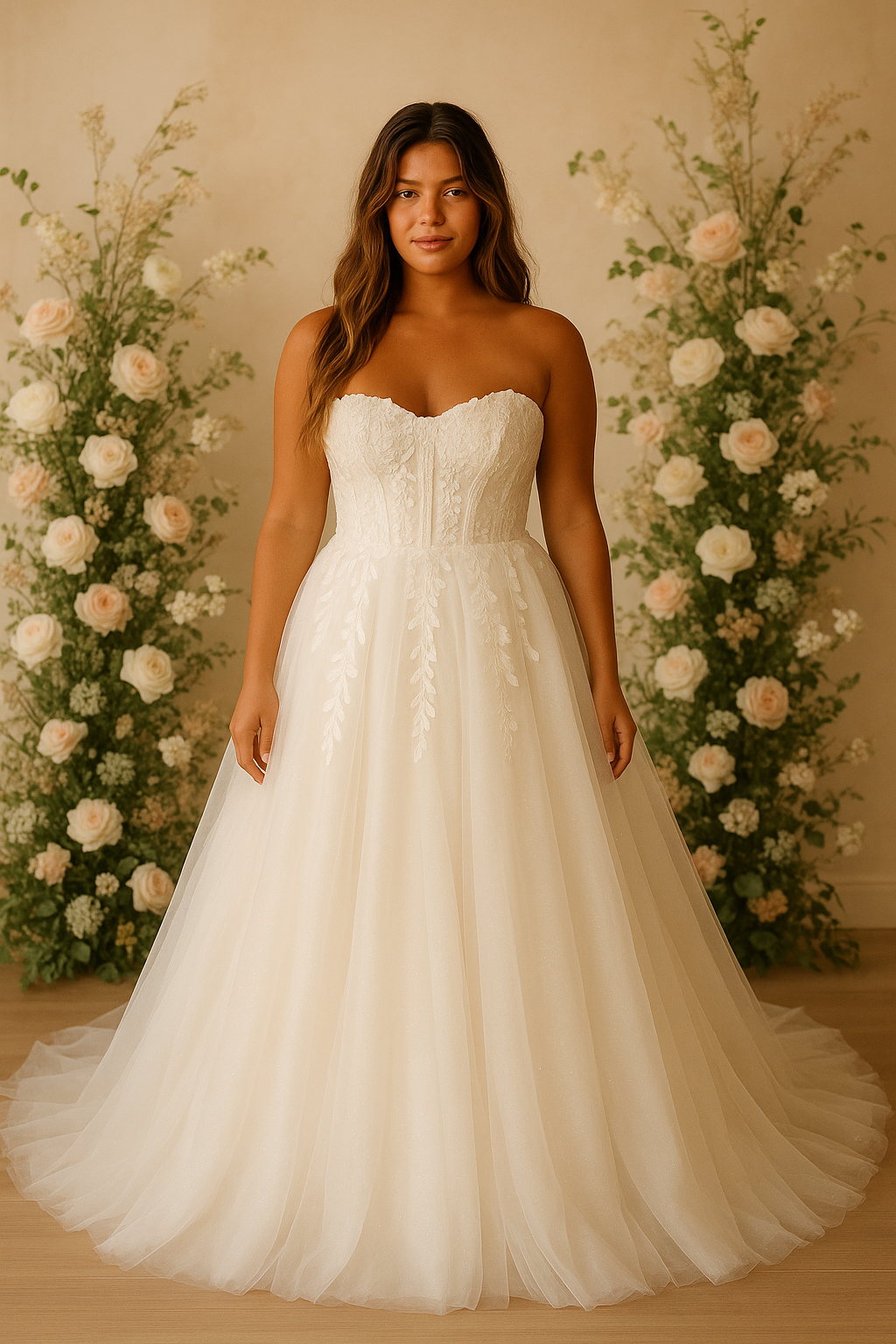 A bride in the majestic Tamsin Princess/Ball Gown Sweetheart Milk Wedding dress