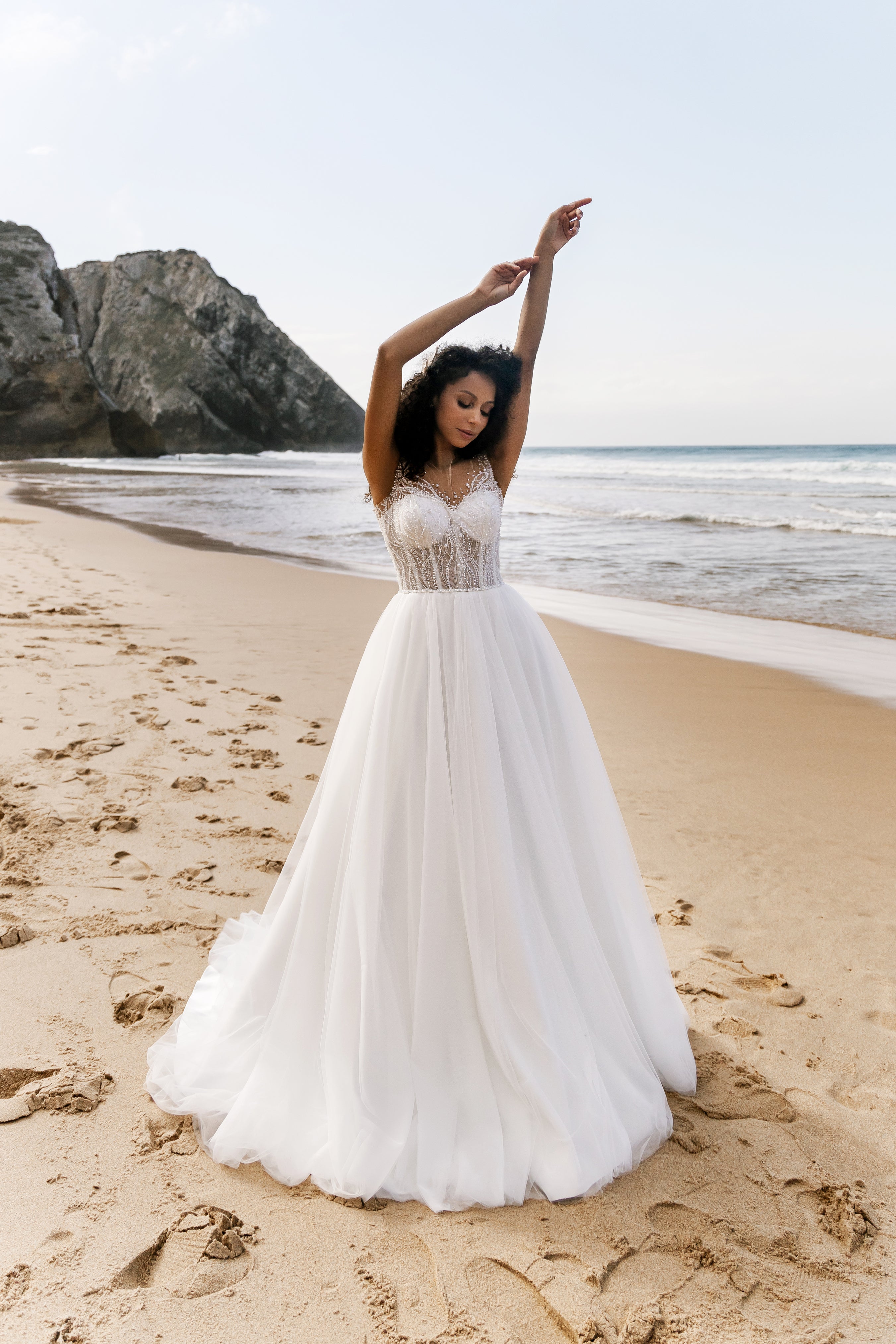 illusion beach wedding dress Ivory Tulle Lace Long Sleeves Beach Wedding Dresses With Illusion Neck, MW716