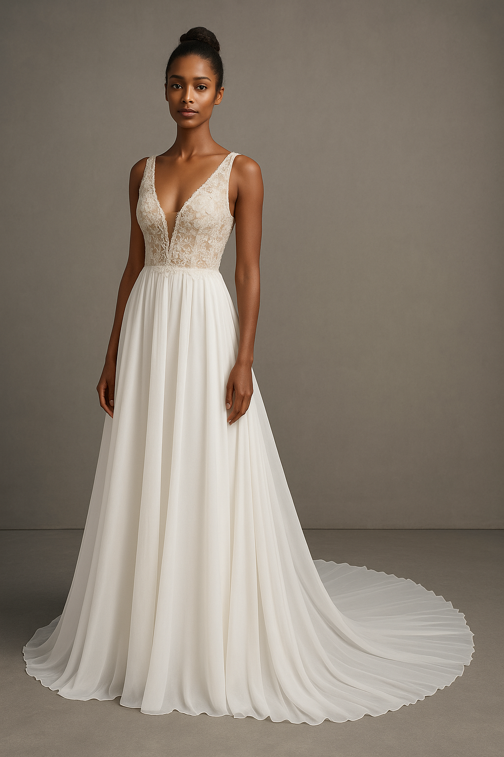 A bride in the Caelia A-line V-neck Milk Wedding dress holds a bouquet, highlighting the dress's timeless elegance.