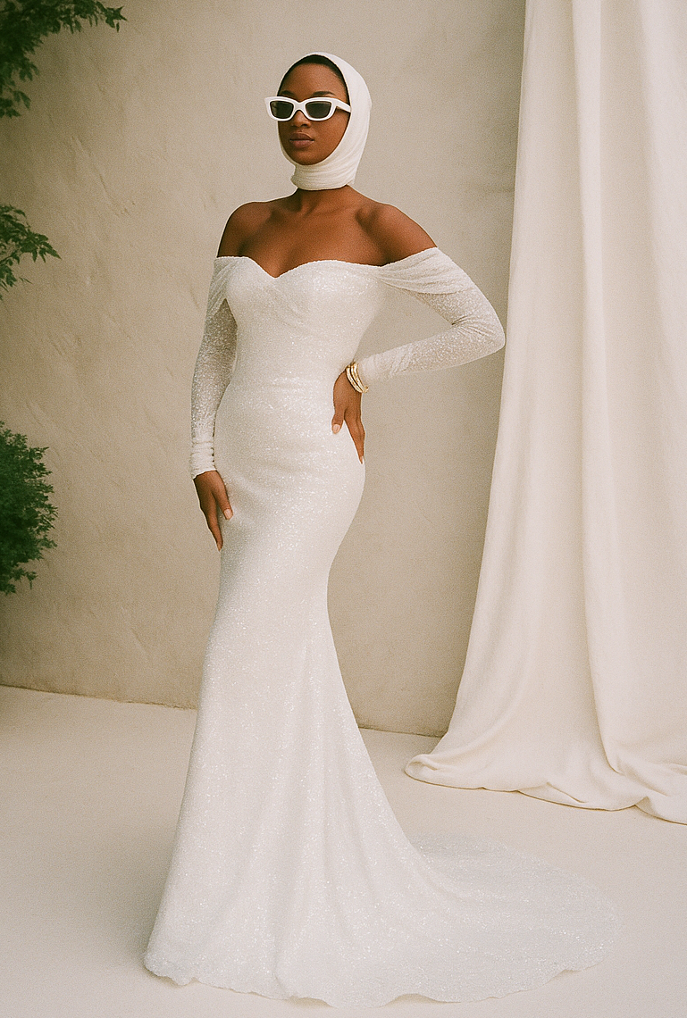 A bride in the Camaria Trumpet/Mermaid Off-shoulder/Drop shoulders Milk Wedding dress, radiant and elegant, embodying timeless romance.