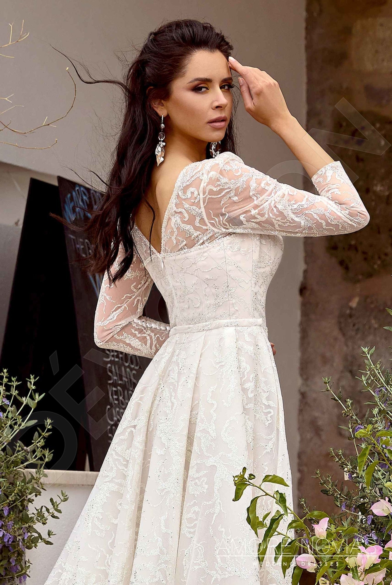 chinese dress ladies Lace Illusion Sleeve Queen Anne Neck Mermaid Wedding Dress