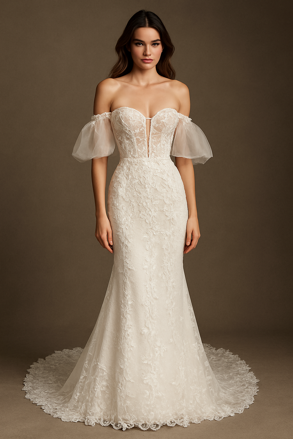A vision of modern romance: The Clarisse Trumpet/Mermaid Off-shoulder/Drop shoulders Milk Wedding dress, perfect for a Maid of Honor delivering a heartfelt speech.