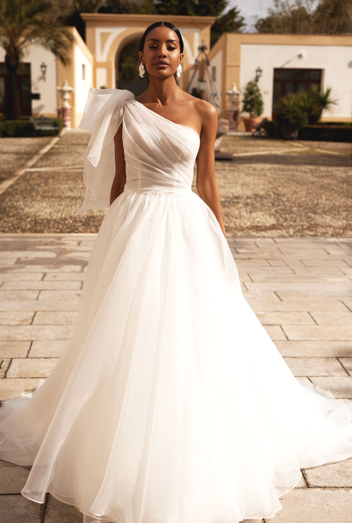 one shoulder asymmetrical wedding dress Asymmetrical Ruffled Neck One Sleeve Slit Organza Designer Bridal Dress main image 0