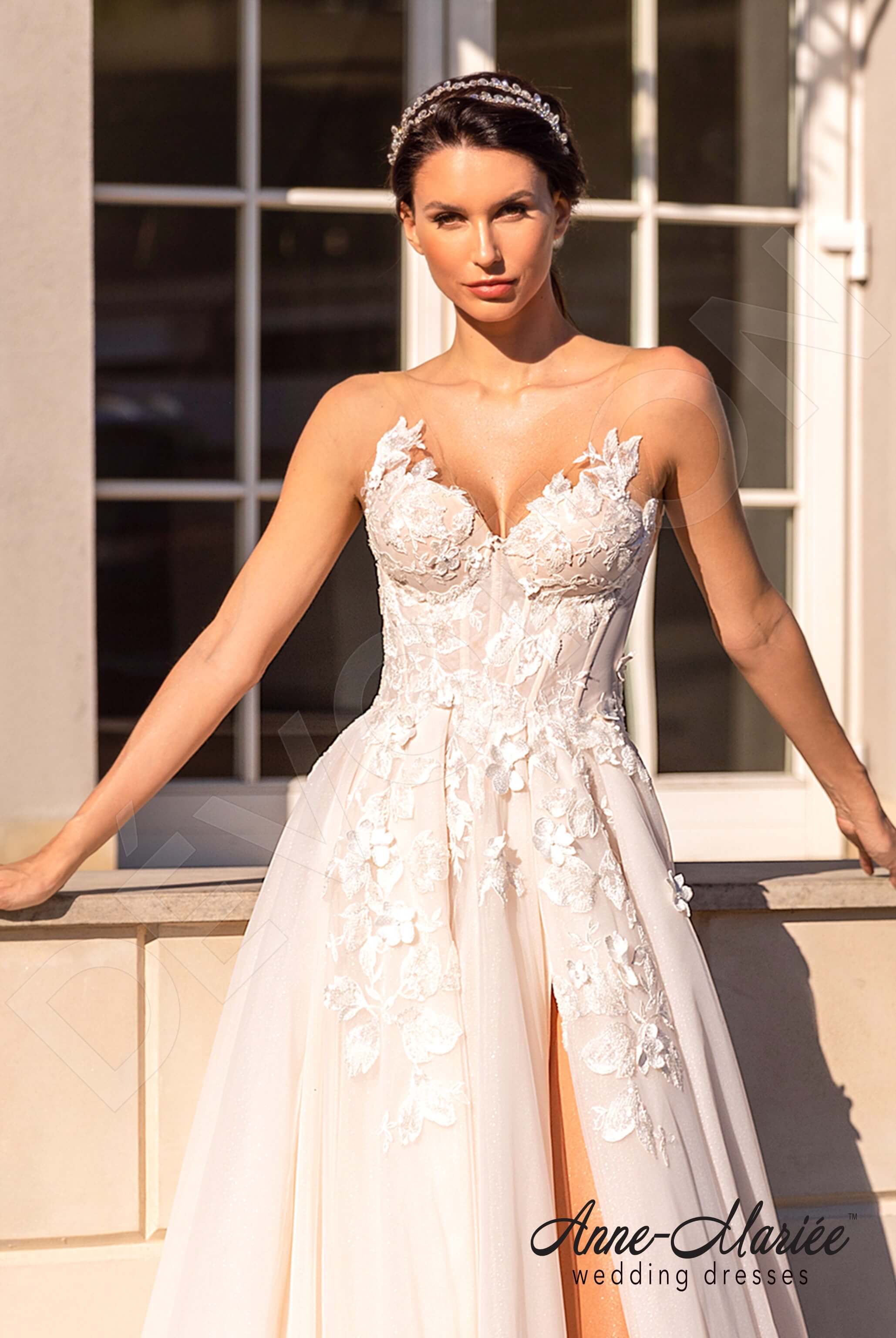 peach lace wedding dress A-line V-neck Sleeveless Rustic Wedding Dress with Lace WD015 US0 / Custom Color