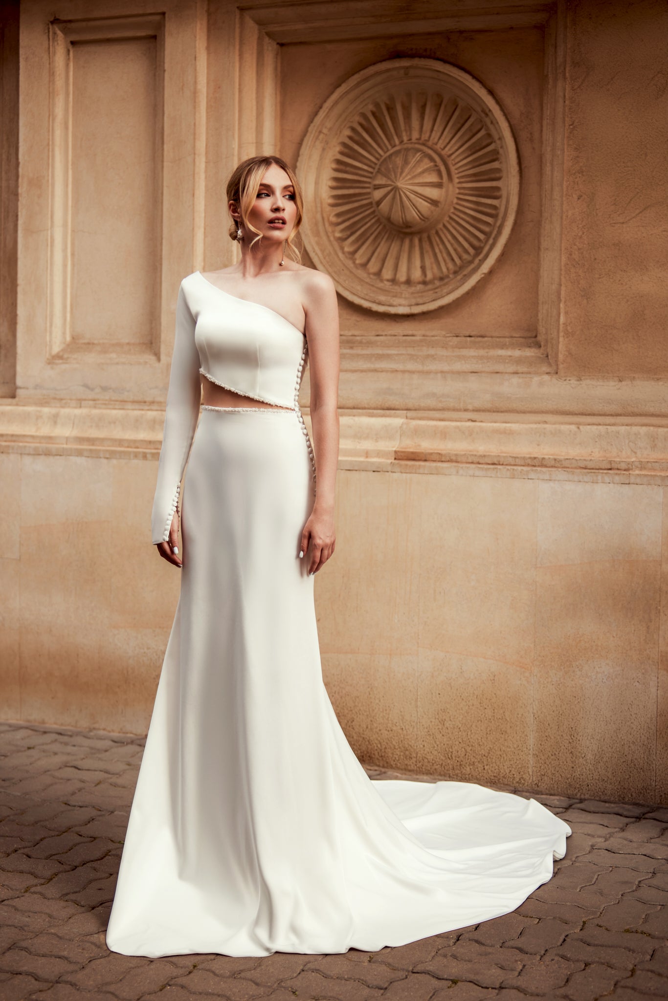 one shoulder greek goddess wedding dress Aire