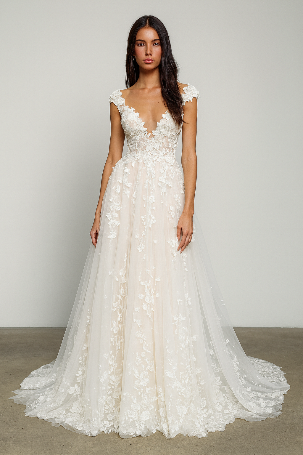 A bride in the elegant Liora A-line Illusion Milk Wedding dress