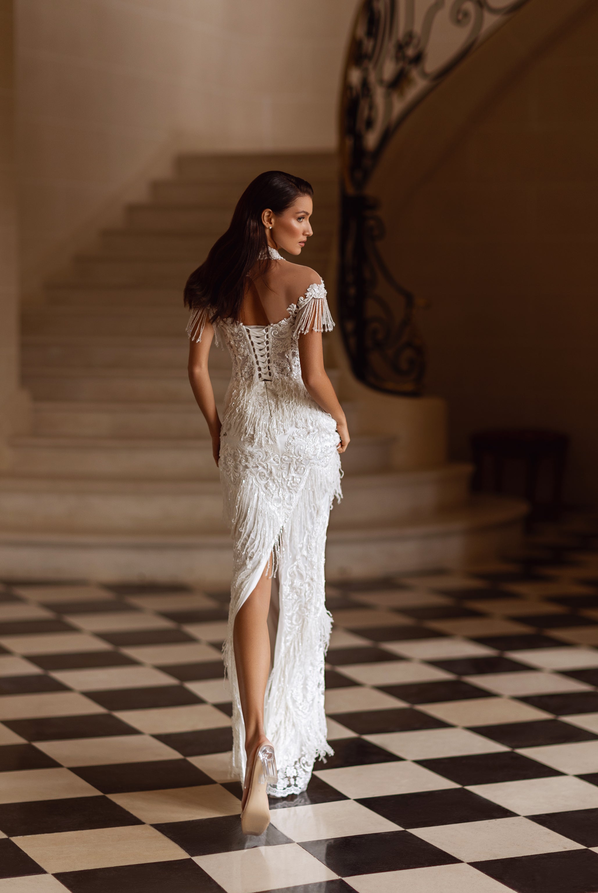 beaded sheath wedding dress with illusion mesh Illusion V-Neck Embroidered Mesh Long Wedding Gown