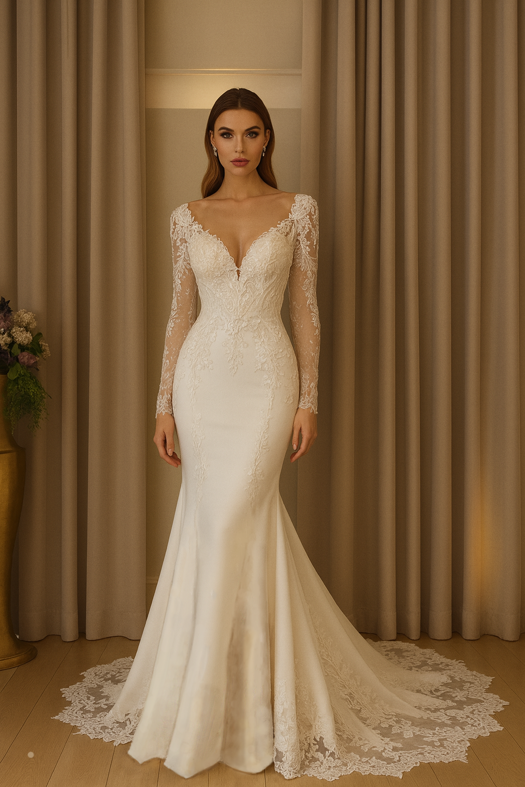 green emerald velvet dress Elegant Mermaid Satin Wedding Dresses Pearl Beaded Long Sleeve Bridal –  Viniodress main image 1