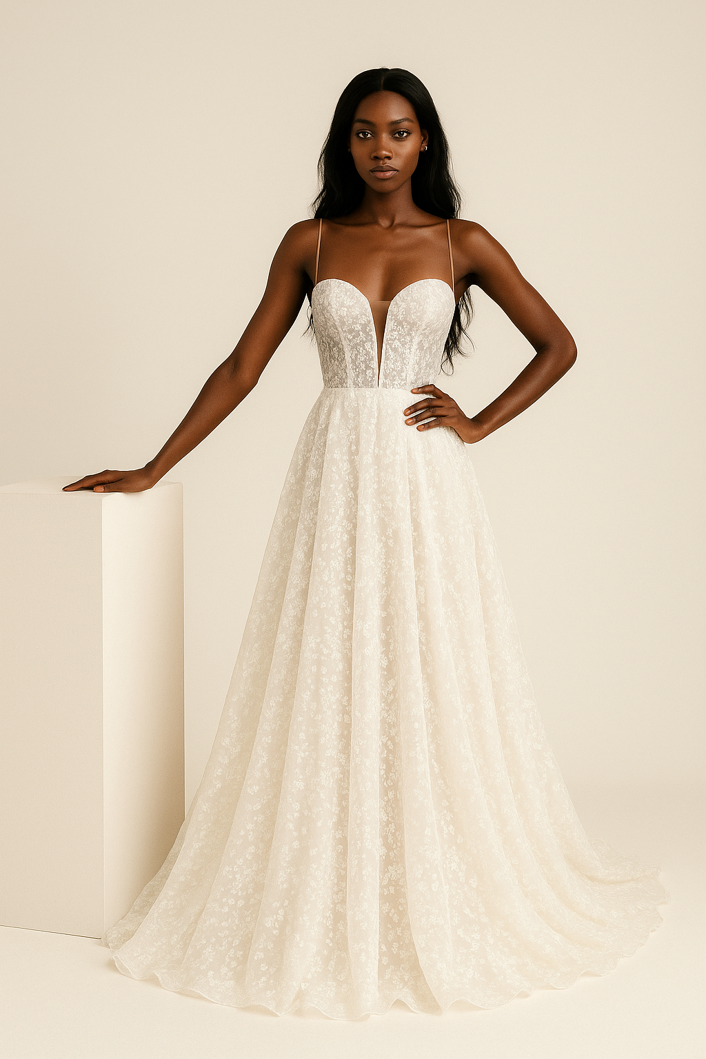 A bride looking thoughtfully in an A-line wedding dress with delicate illusion details in milk and nude tones.