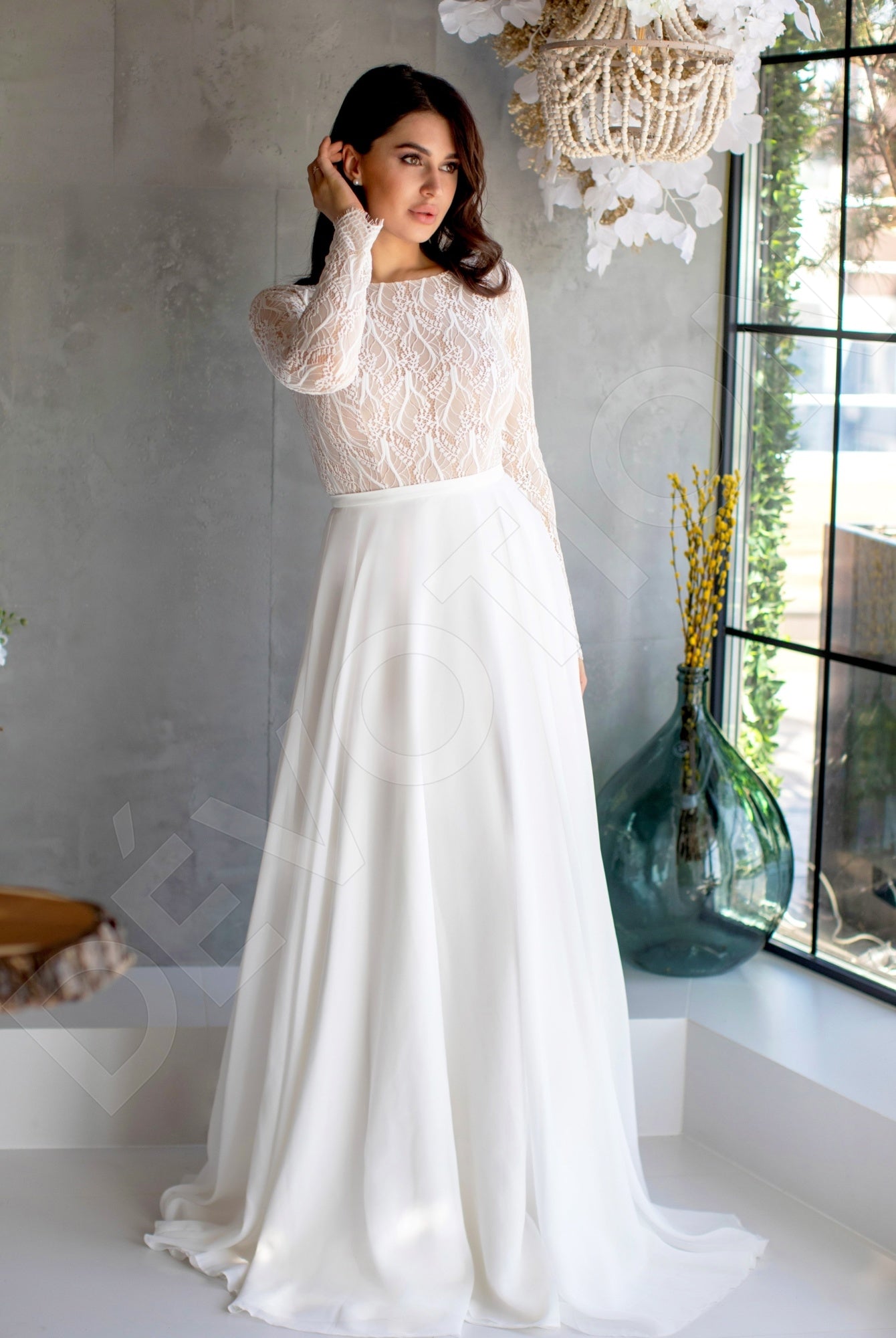 blue dress for baby girl Bateau Illusion Long Sleeve Appliqued A-Line Chiffon Wedding Dress Champagne / 8 main image 0