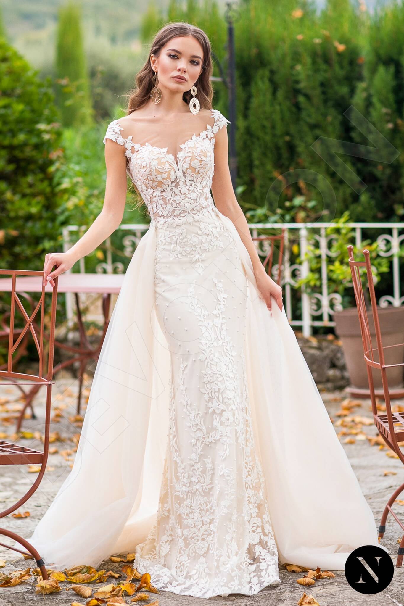 champagne mermaid dress Tulle Spaghetti Straps Champagne Mermaid Wedding Dress With Beadings US8 / Ivory main image 1