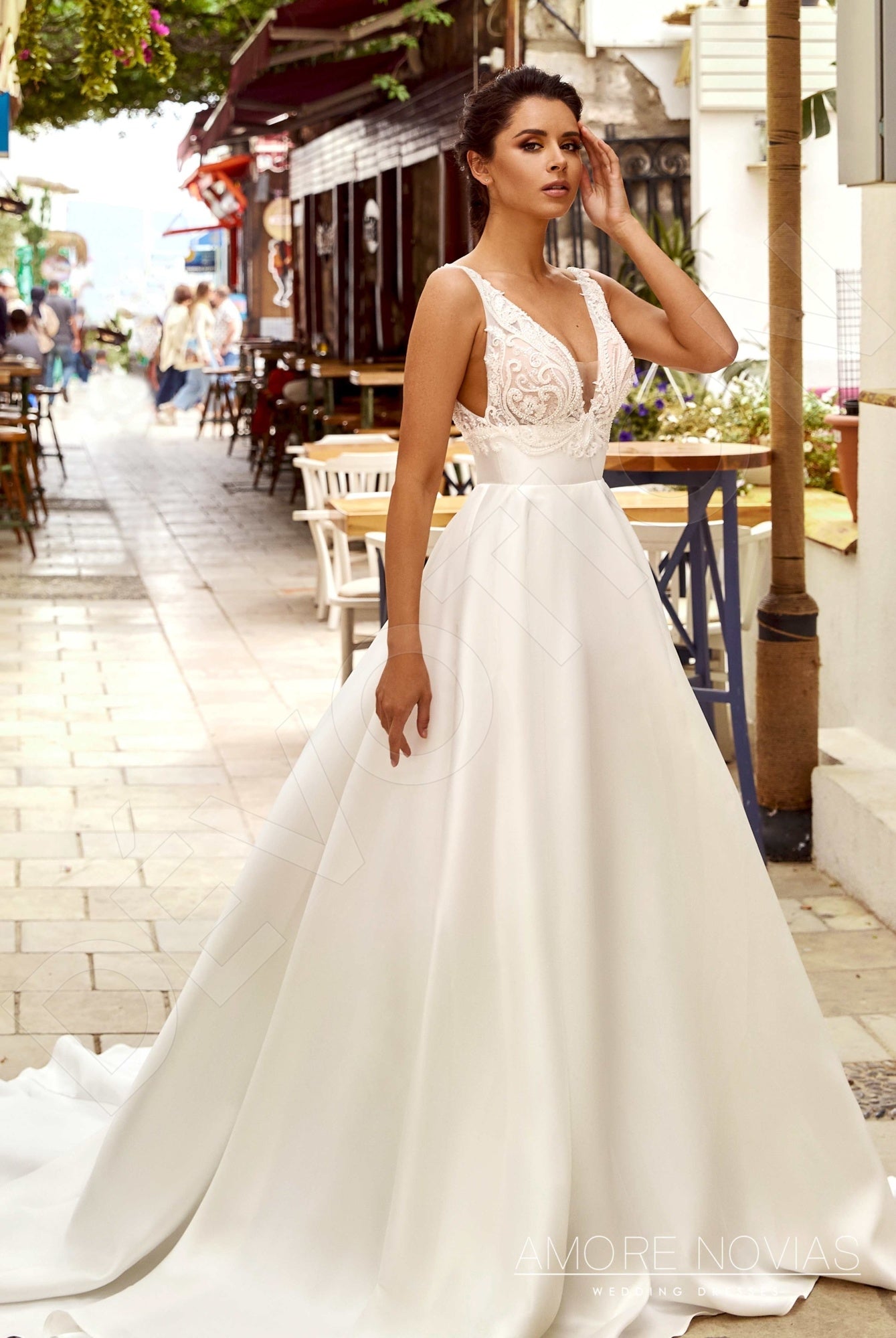 a line deep v neck wedding dress A Line Deep V-Neck Backless Beach Wedding Dress With Appliques WD446 US14 / White