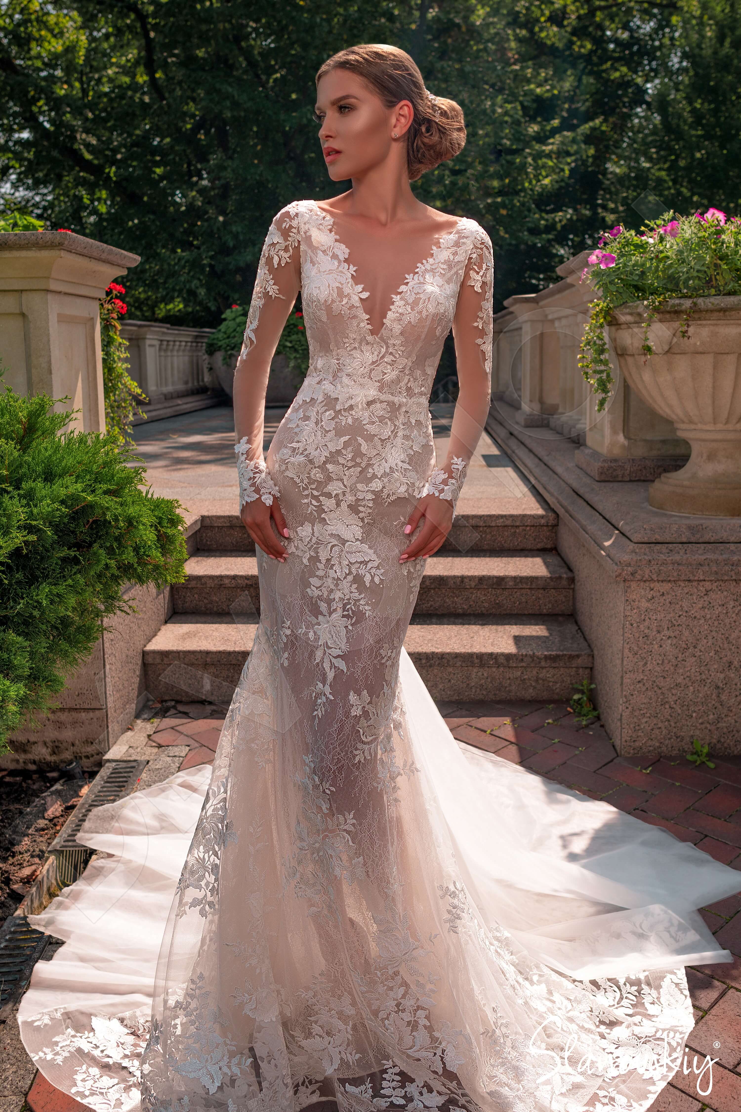 chinese dress ladies Ivory Mermaid Wedding Dress with Illusion Corset & Cathedral Train – W2276 Ivory / US16