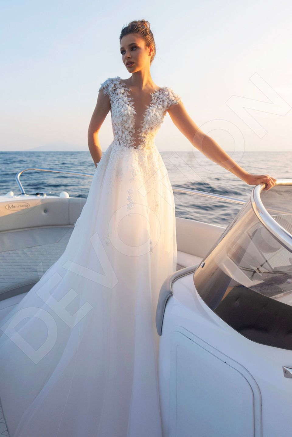ivory a line wedding dress Classic Long A-line Straps Satin Sleeveless Backless With Slit elegantly framed by the floral appliqus Tulle Strapless See-through A Line