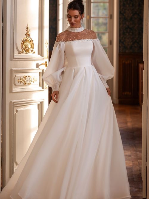 high neck organza wedding dress luxury Shining Wedding Dress Organza with Embroidery high O-Neck Bridal Gowns