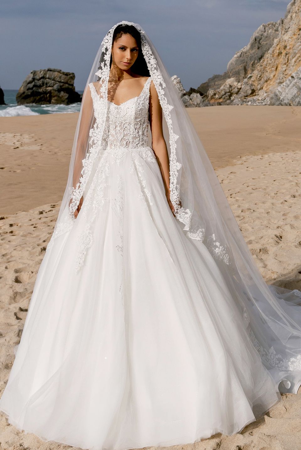 white lace a line wedding dress White Lace A-Line Front Split Wedding Dresses With Appliques, Bridal Dress, MW191