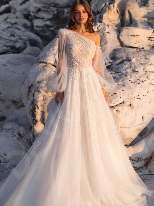 one shoulder casual wedding dress Satin One Shoulder Minimalist Long Wedding Dress Julia 6 US (38 EU) / Ivory