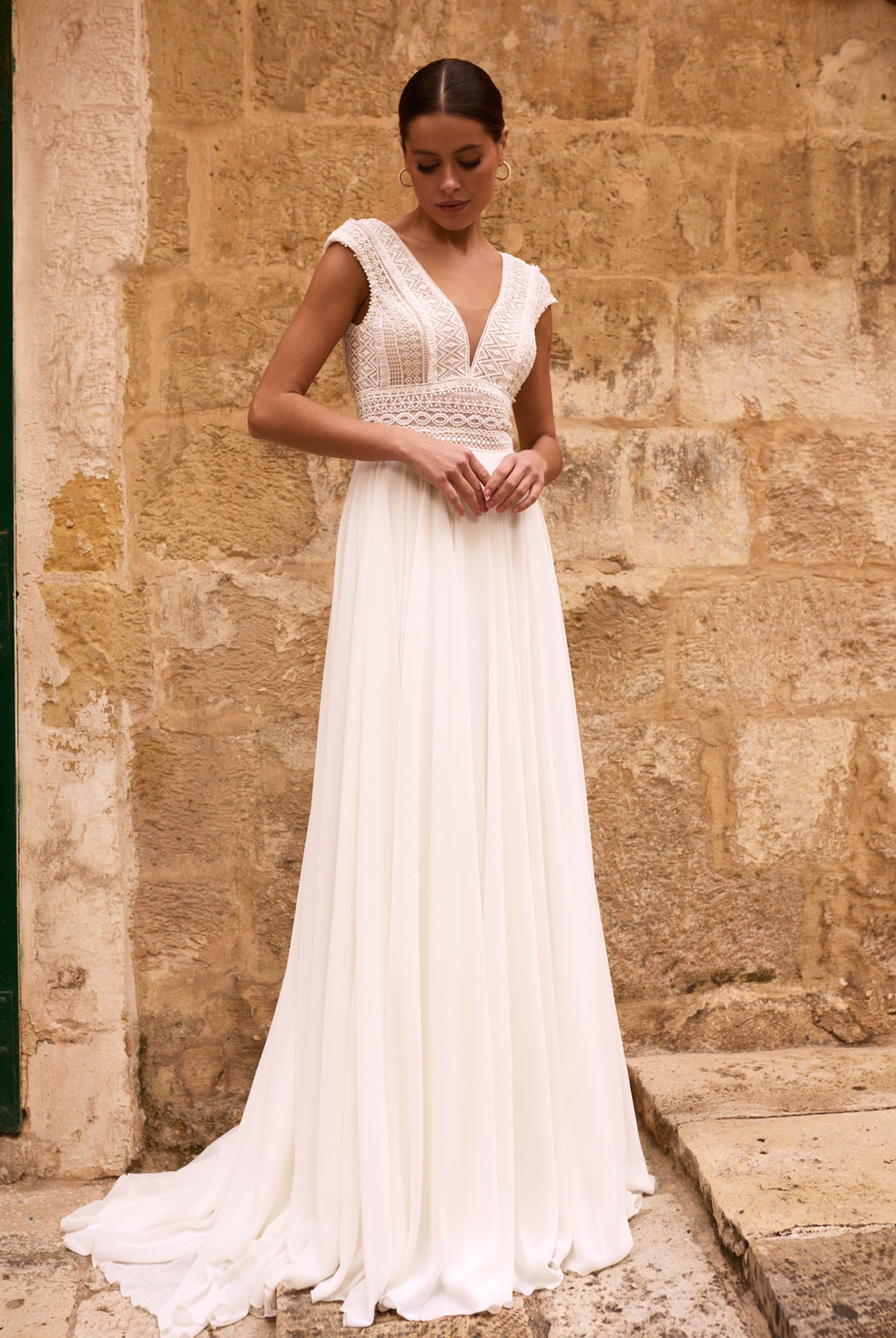 slim fit dress slacks NumberSea-NumberSea Boho Rustic Country Long Lace Wedding Dress with Ling Sleeves, Fitted Wedding Dress with Train, Bohemian Wedding Dress Lace White main image 1