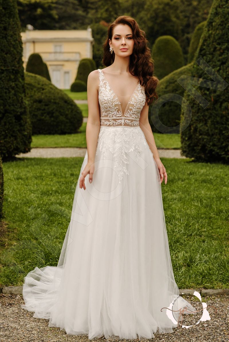 deep v neck wedding dress Sheer-Sleeved V-Neck with Floral Accents and Graceful Train Custom Made softened by the sheer sleeves adorned with delicate floral embroidery that whispers of springs bloom Sexy A-Line Deep V-Neck Backless