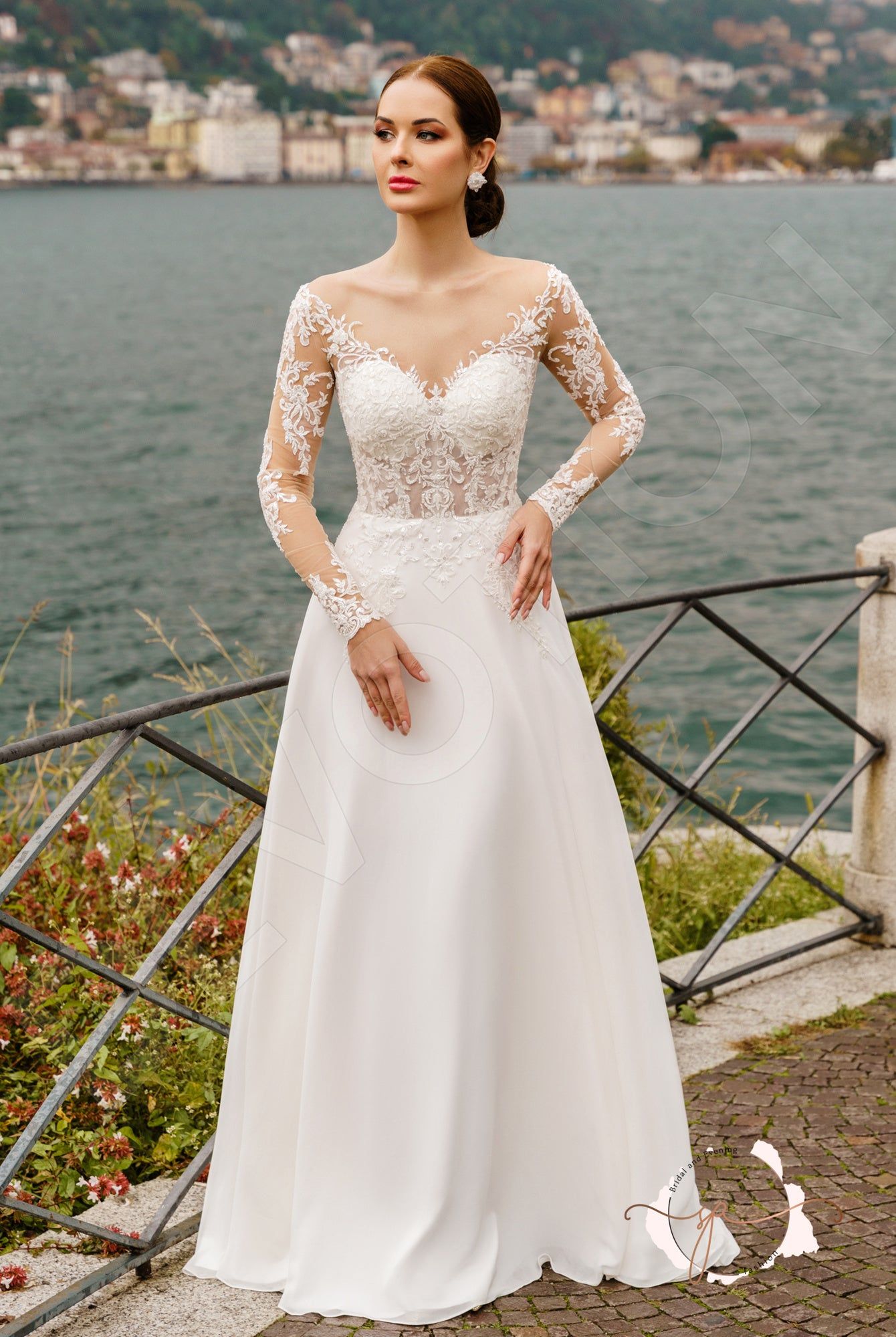 chinese dress ladies DeKlaire 478 Lace Wedding Gown – Illusion Boat Neck & Long Sleeves Champagne / S main image 1