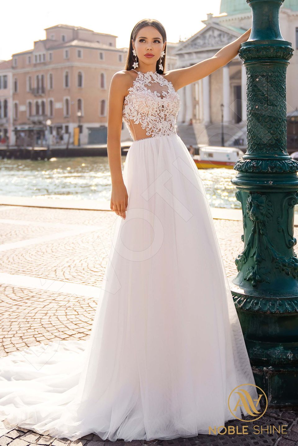 a line halter wedding dress Chic And Romantic Halter-Neck A-Line With Open Back while the front printed floral design adds a whimsical touch Carmela A-line Halter Wedding Dress