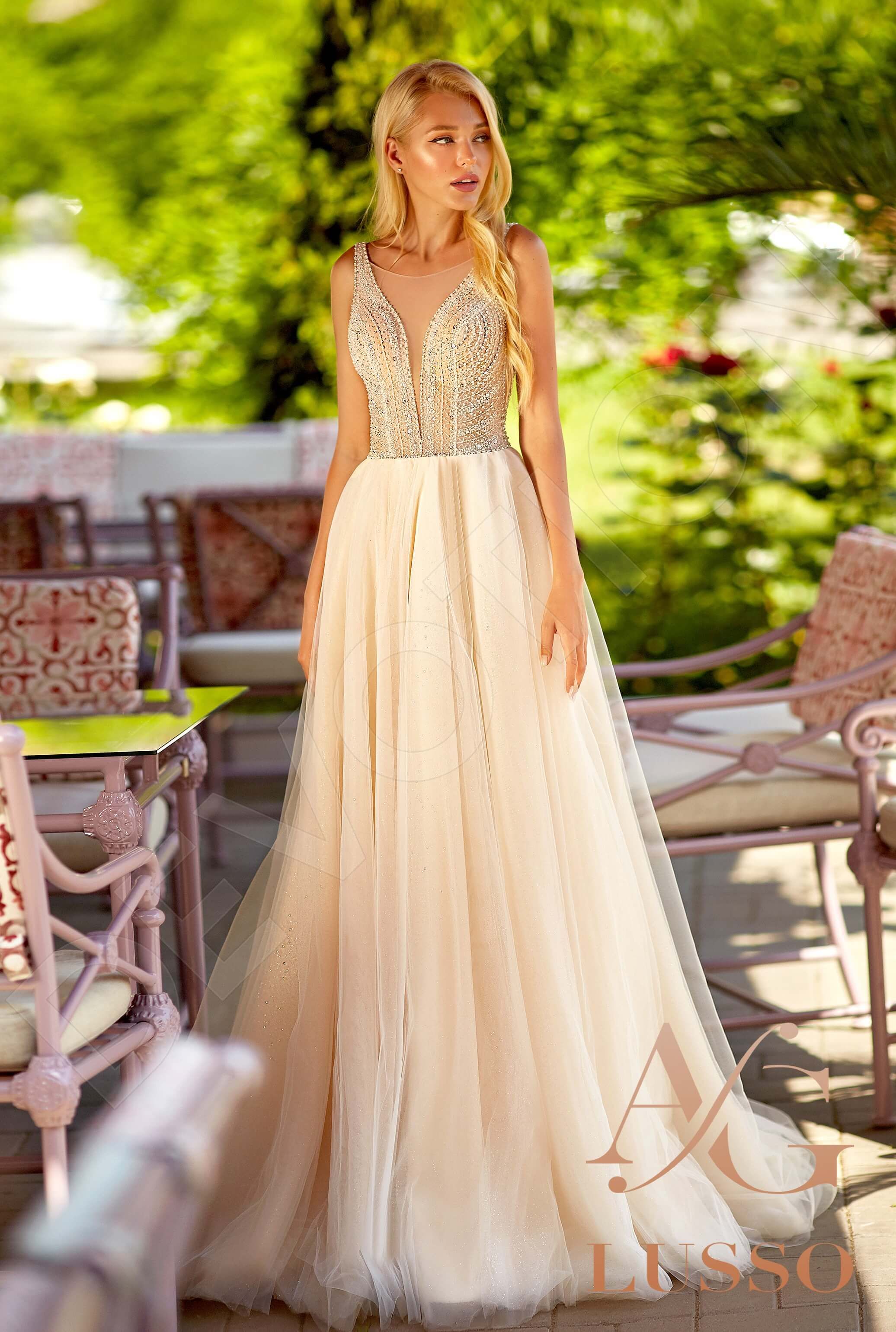 gold a line wedding dress V Neck Appliques Champagne A Line Wedding Dress