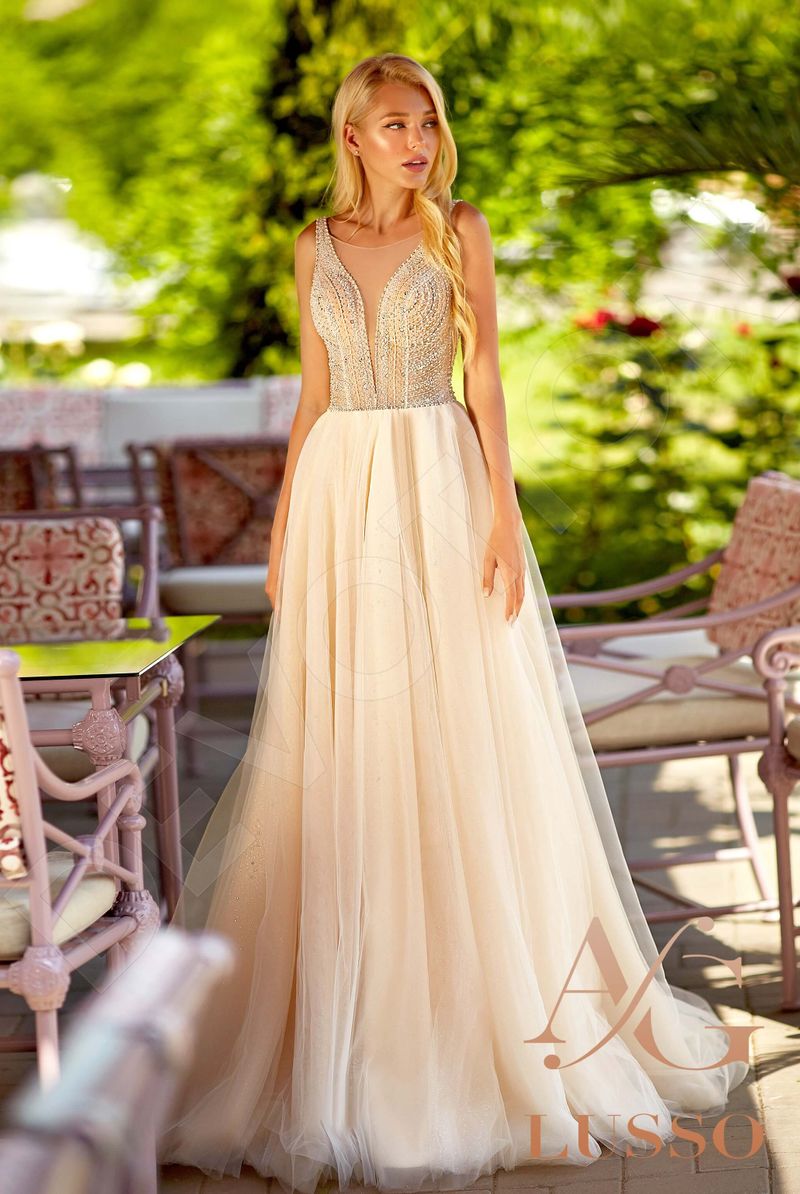 gold a line wedding dress V Neck Appliques Champagne A Line Wedding Dress