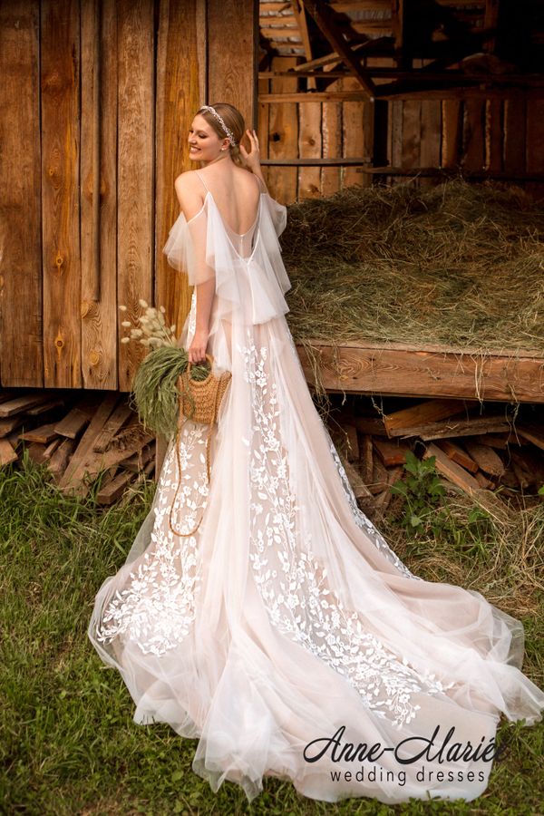 dusty rose lace wedding dress Illusion Dusty Rose Beach A-line Wedding Dress Light Ivory