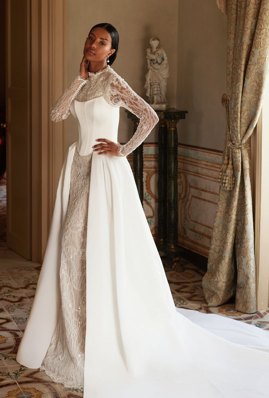 high neck lace a line wedding dress Elegant White High Neck Long Sleeve Lace A-Line Wedding Dress SW227
