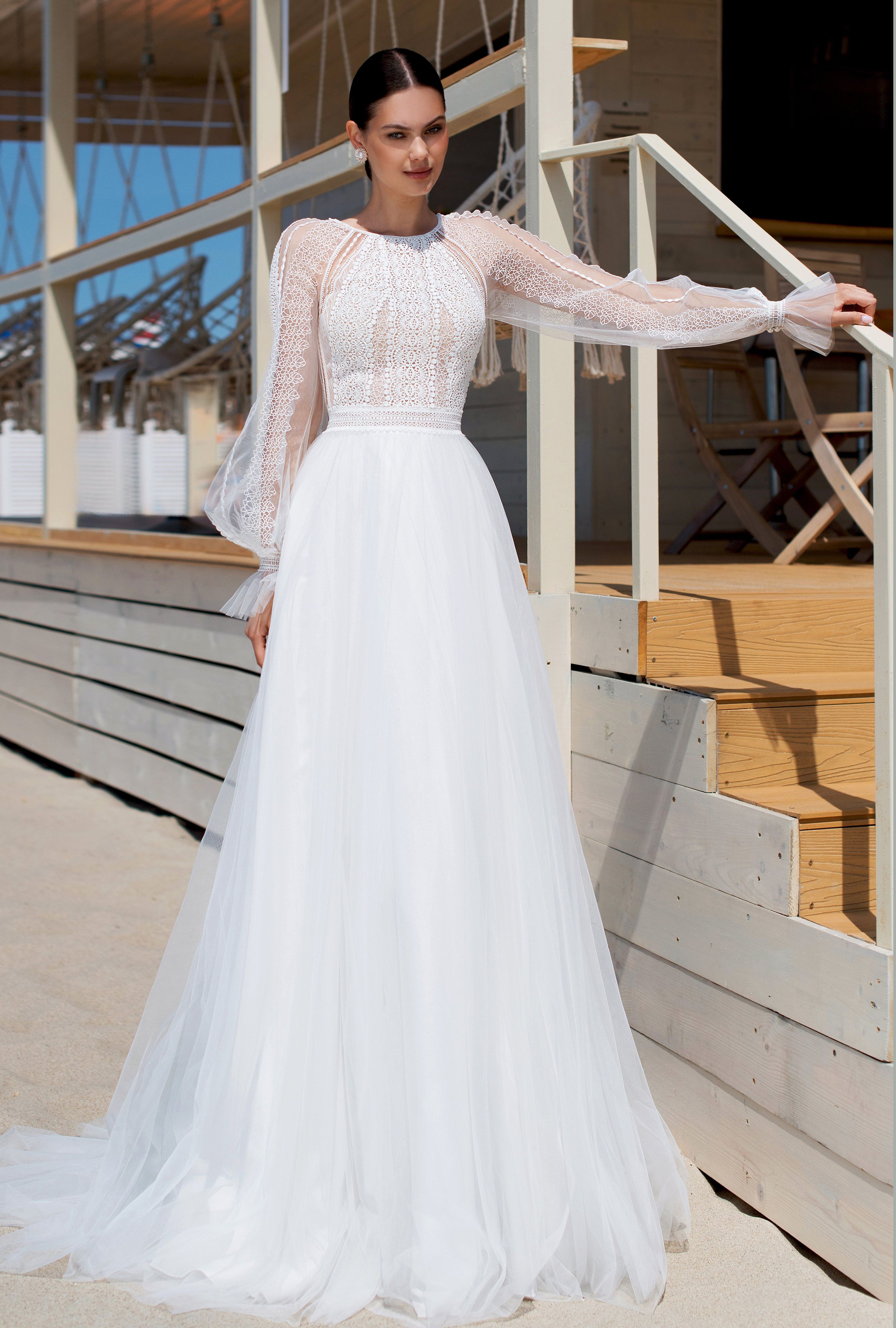 a line bateau wedding dress Classic Illusion Lace Back Long Wedding Dress Light Ivory