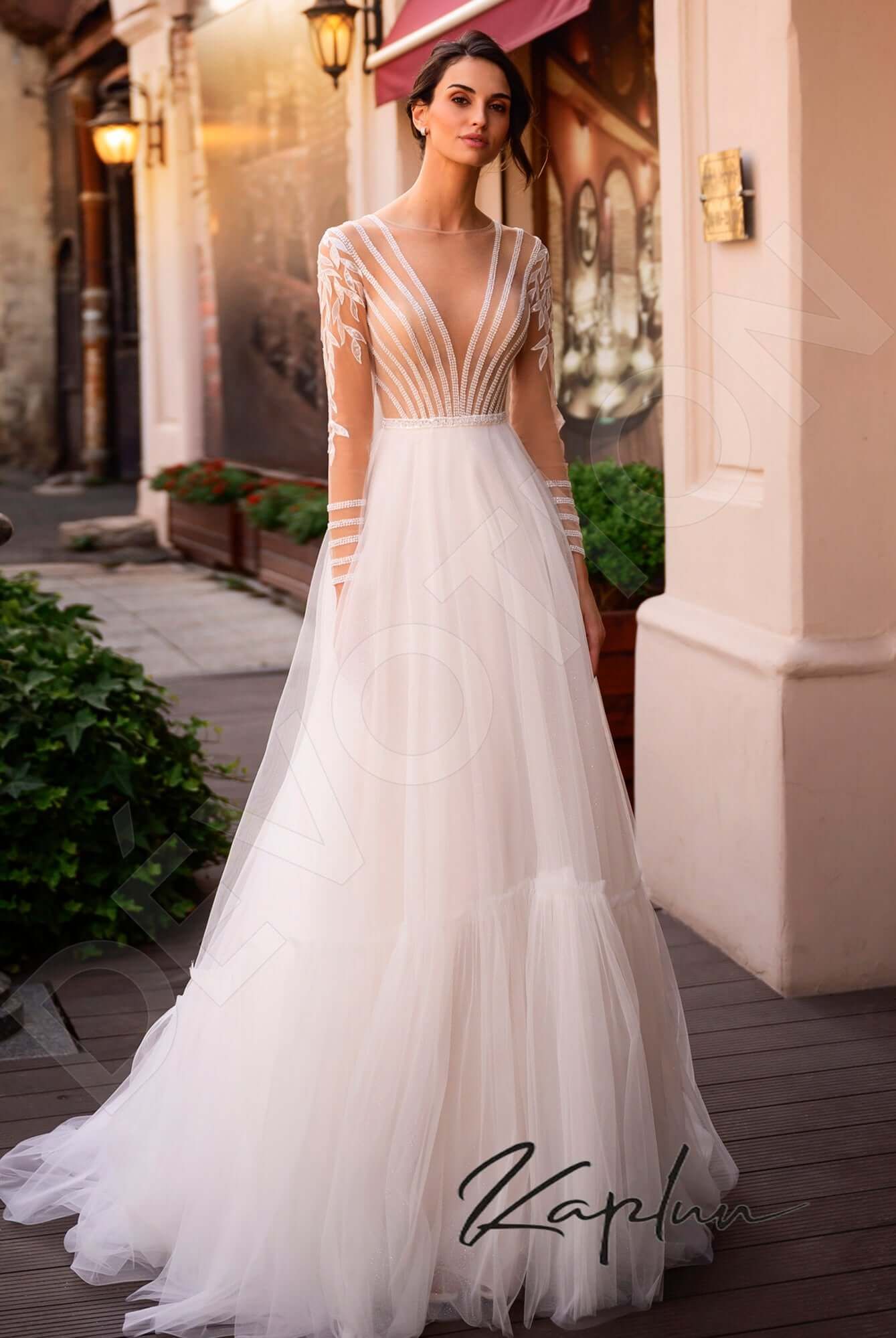 a line wedding dresses illusion neckline A-Line Illusion Neck Long Sleeves Sweep Train Organza Wedding Dresses main image 0