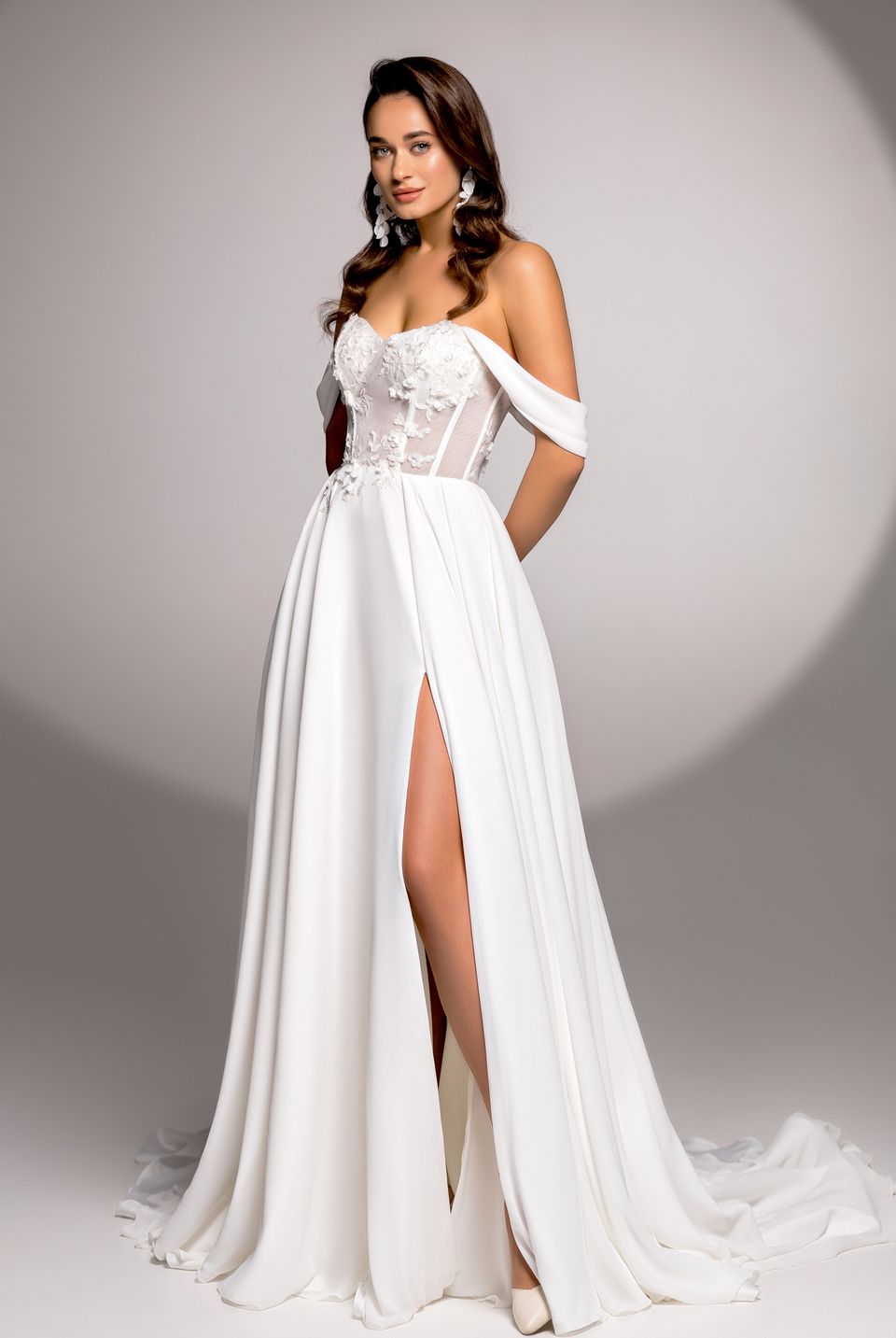 off the shoulder chiffon wedding dress Stella York 7901: Effortlessly Luxurious while bell sleeves bring a soft Balloon Sleeve Designer Floral Chiffon