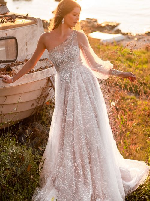 one shoulder chiffon wedding dress Classic One-shoulder Organza A-line Long Wedding Dress, WD3017 AlineBridal