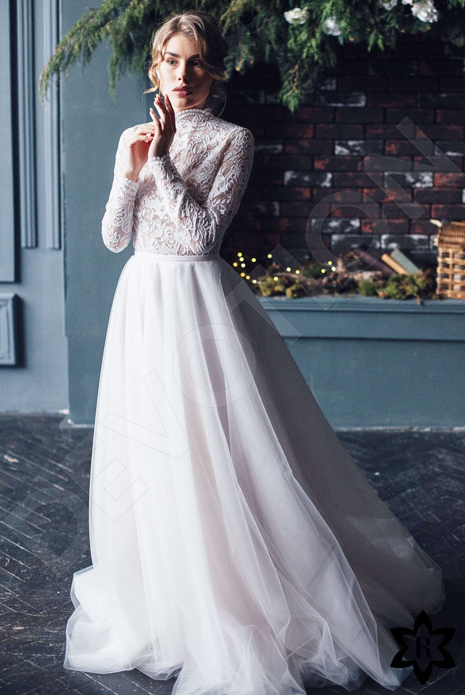 long sleeve high neck wedding dress A-Line Satin Modest With Sequins-7 DorrisDress Made from embroidered lace Katelynn Custom-Made A-line High