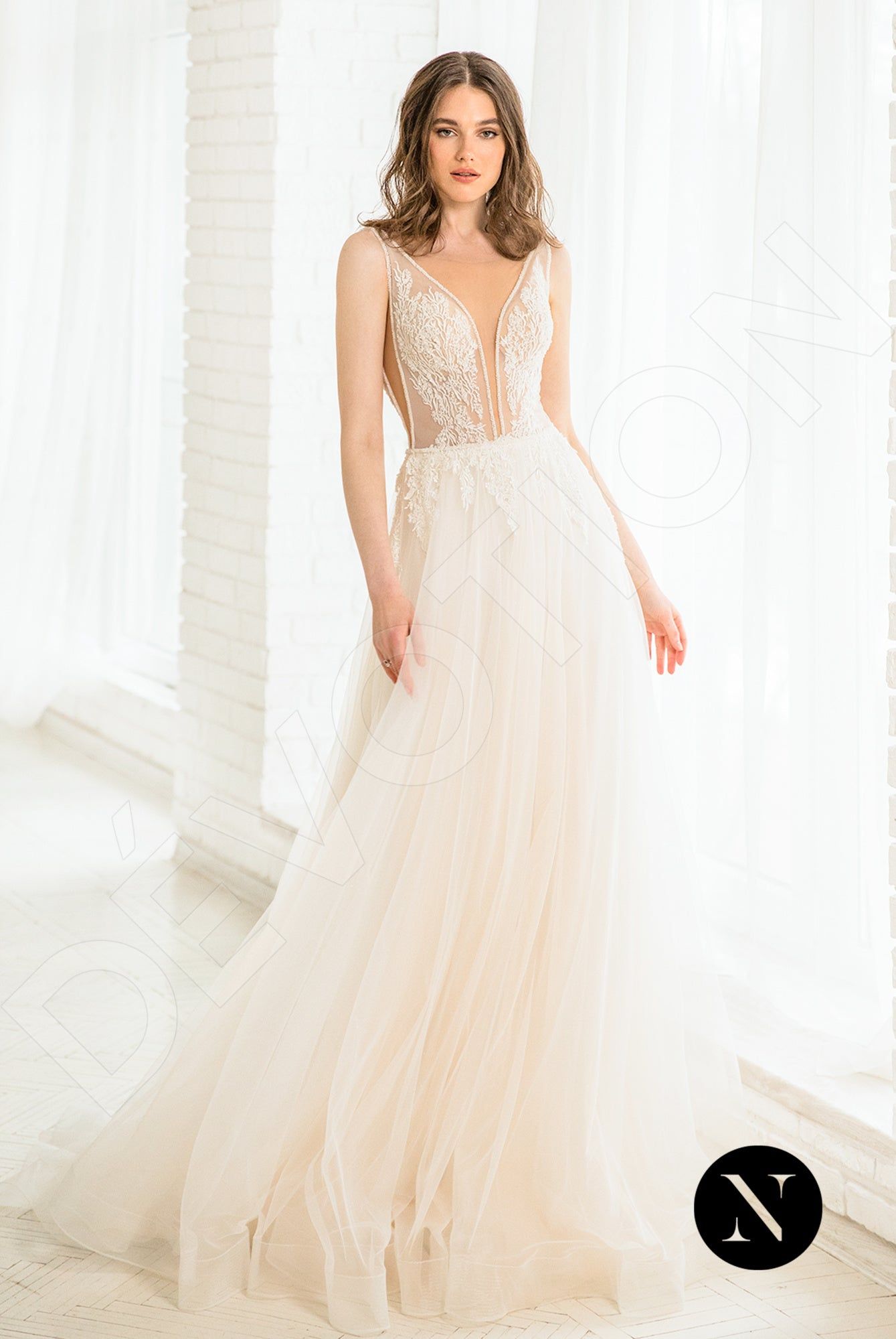white christmas dresses Gorgeous Lace Embroidery V-Neck Off Shoulder Tulle Peach Wedding Dresses main image 1