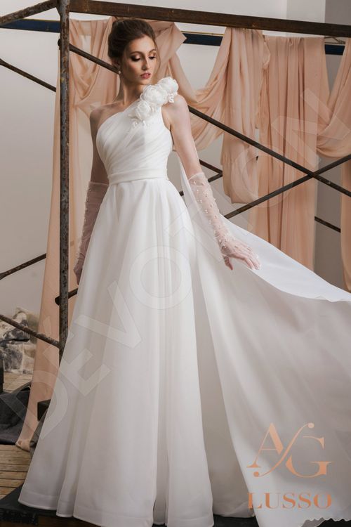 long sleeve one shoulder wedding dress One Shoulder Long Sleeve Sheath Satin Wedding Dresses with Long Train Viniodress