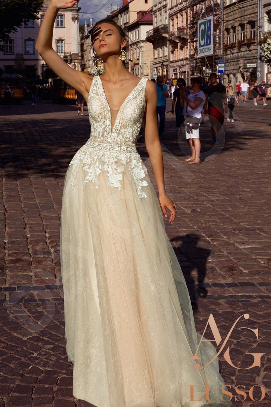 white christmas dresses Spaghetti Straps Cream Lace Top Simple A-line Beach Wedding Dress, WD3 –  SposaBridal main image 1