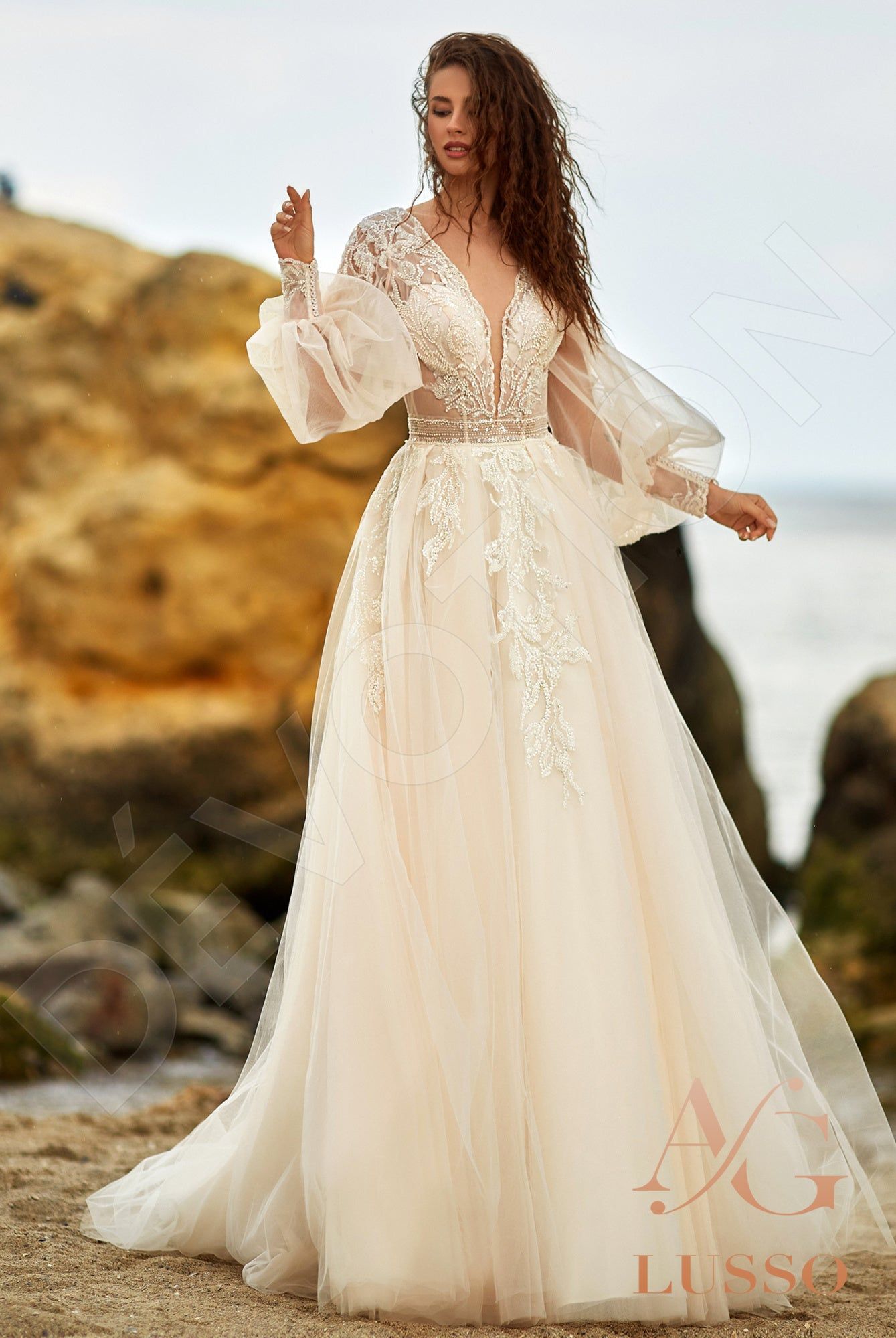 fitted lace wedding dress Boho Lace Deep V-Neck Bell Sleeves A-Line Wedding Dress