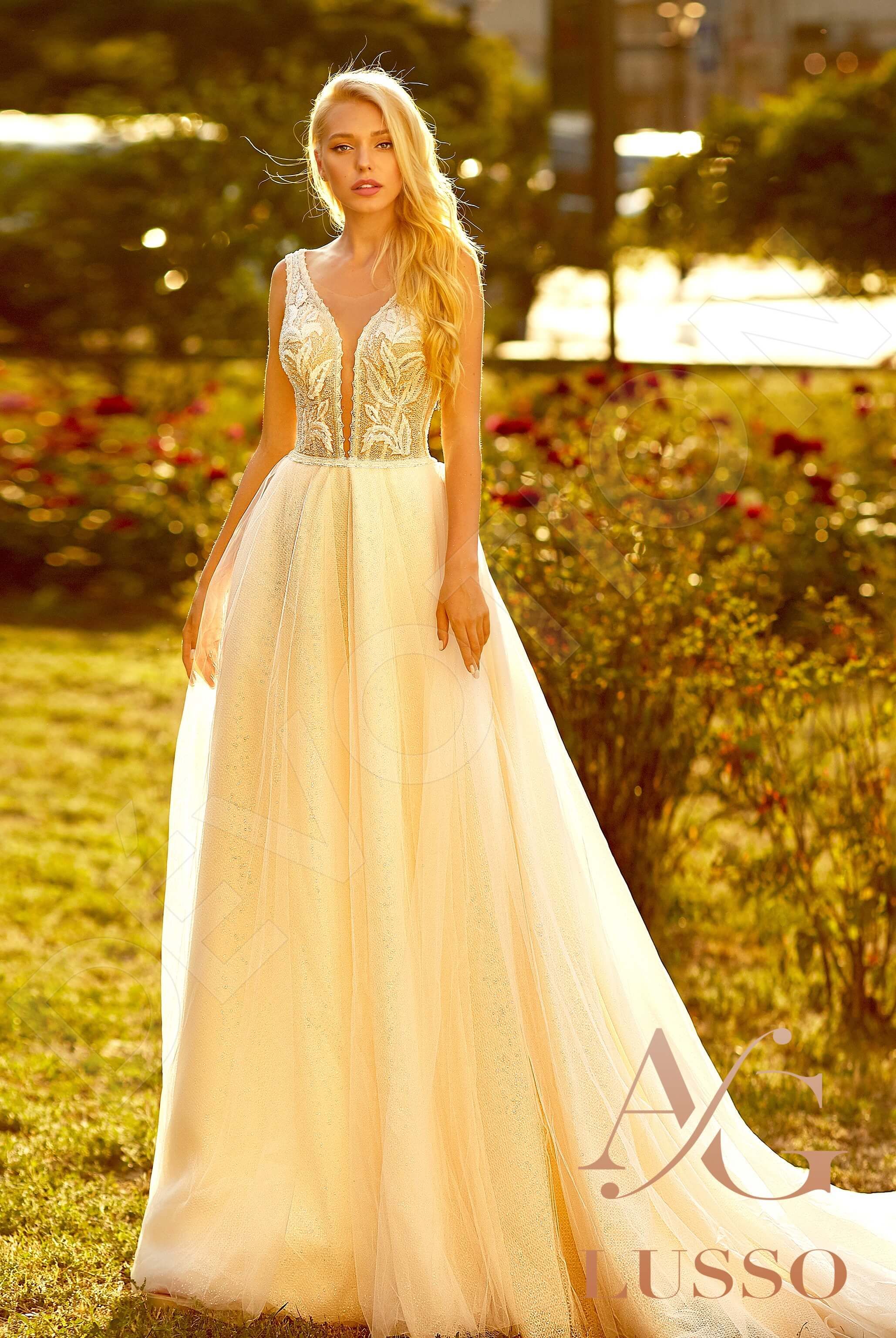 gold a line wedding dress V-Neck Low Back Glittery A-Line Wedding Gown GLGL3661
