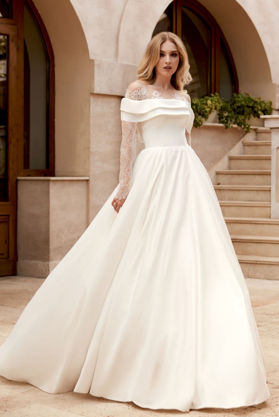 ivory a line wedding dress Allover Lace A-line Bridal Slit Gown by Adrianna Papell 31297 This luxurious gown features a voluminous skirt crafted from layers of ivory tulle Ivory Satin Off Shoulder Wedding