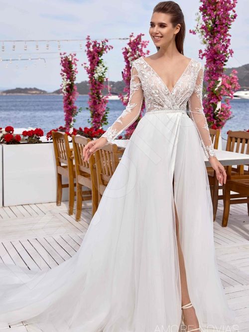 long sleeve convertible wedding dress Modern Convertible Wedding Dress With Detachable Train Charlotte 8 US (40 EU) / Ivory