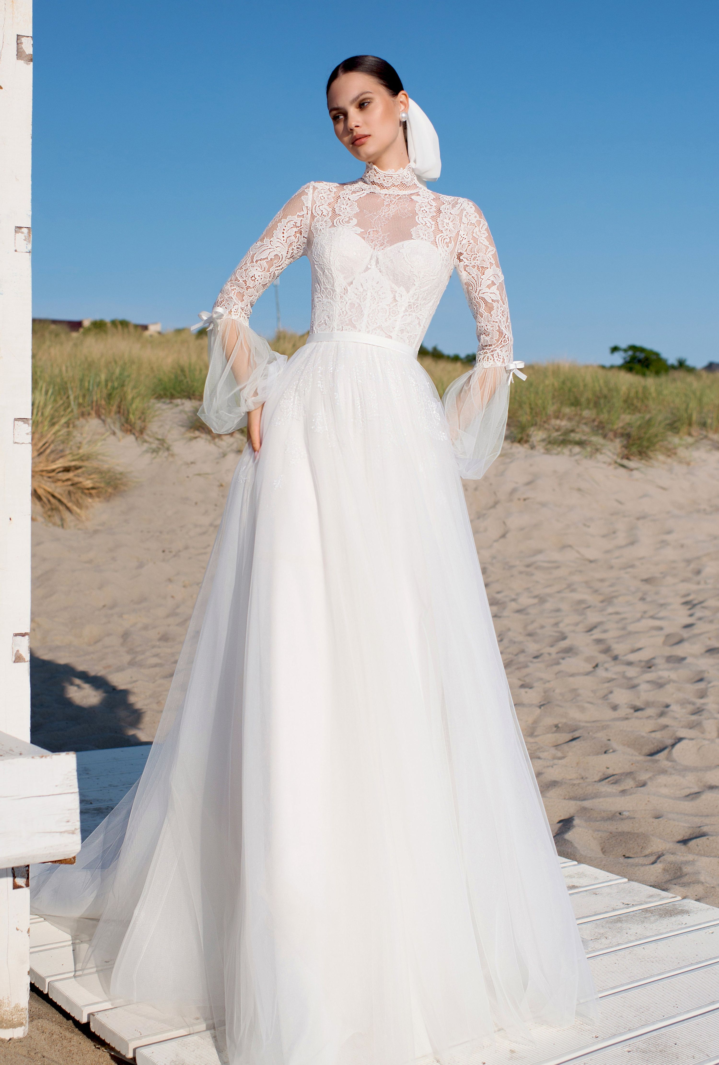 high neck wedding dress a line A-Line High Neck Embroidered lace Wedding Dress with Watteau Train –  WhenGirl main image 1