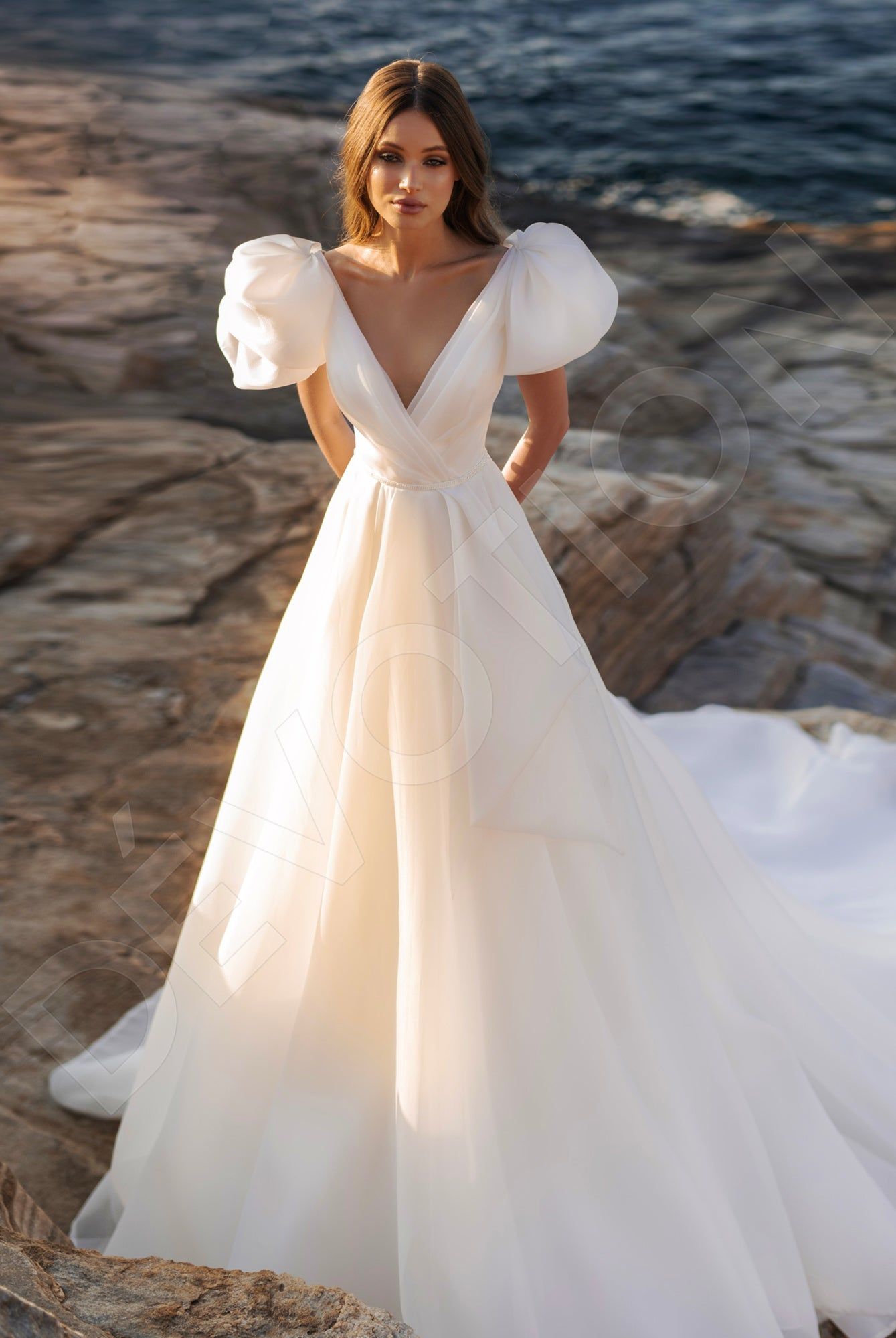 textured organza wedding dress Lotus Organza Feather Flowers Ruffled A-line Wedding Dress Light Ivory